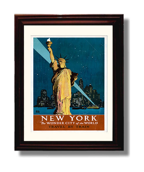 NY Wonder City of the World - Travel by Train to Freedom - Statue of Liberty Print - 8x10 Beveled Frame