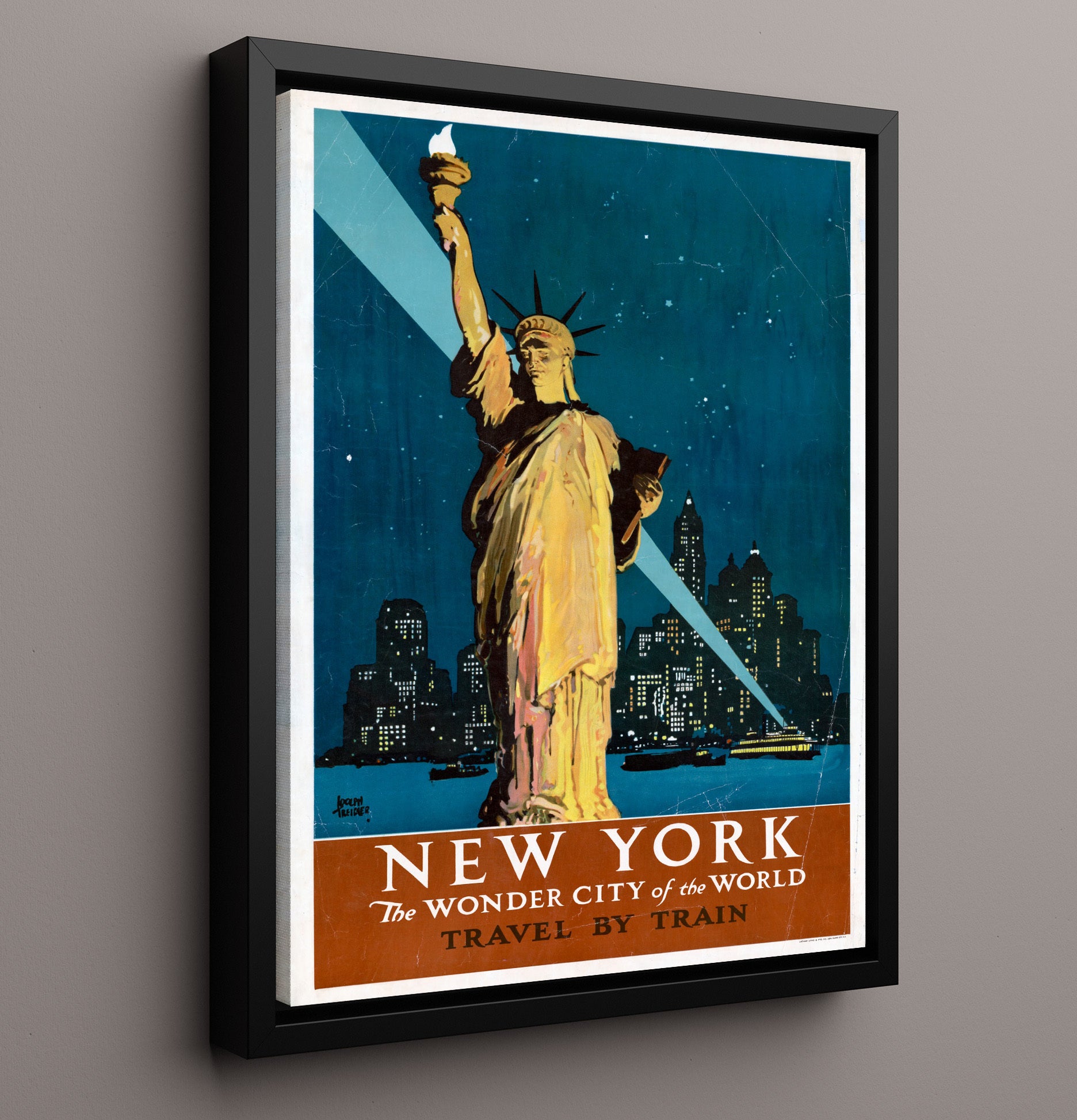 NY Wonder City of the World - Travel by Train to Freedom - Statue of Liberty Print - 16x20 Framed Canvas