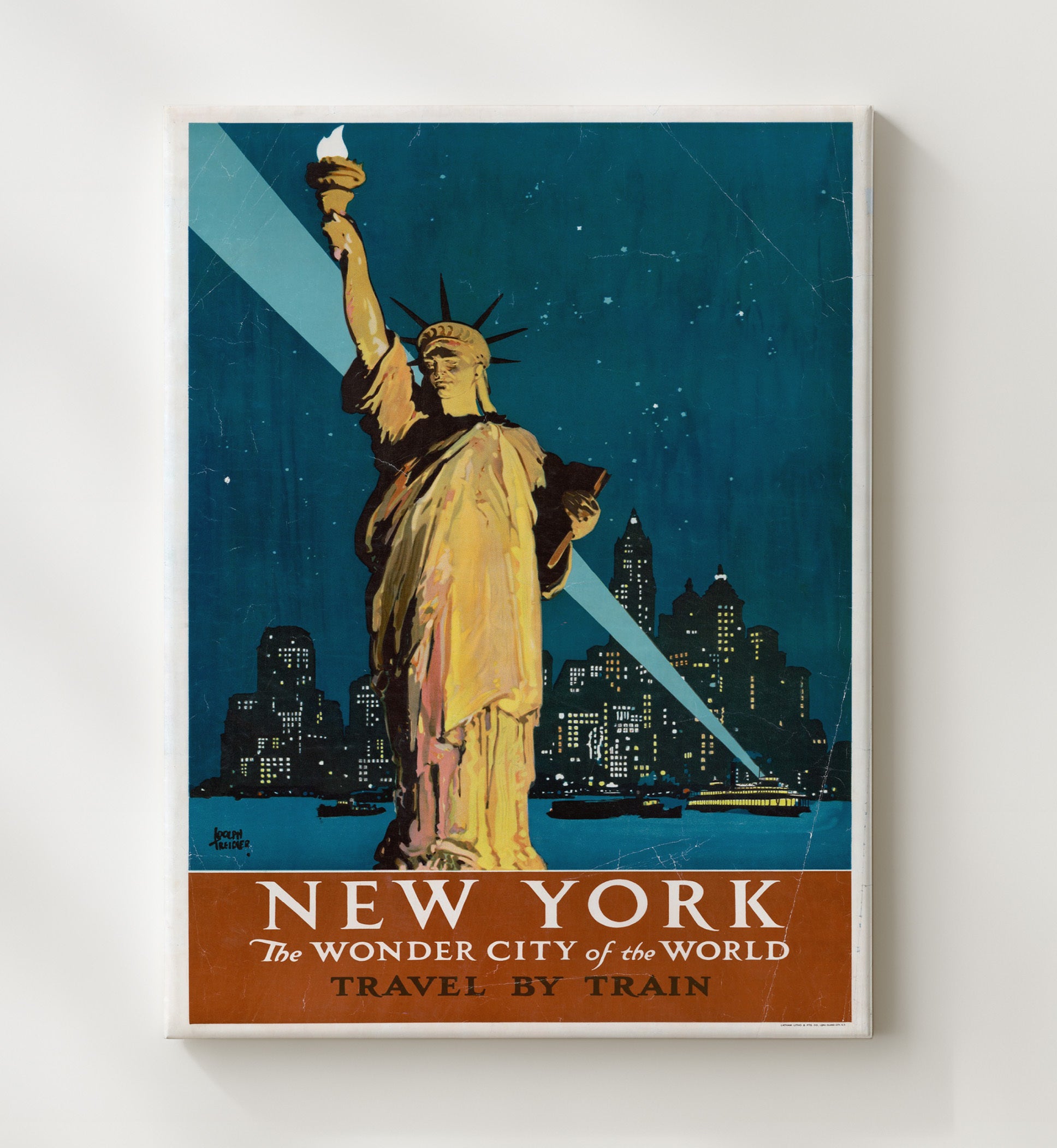 NY Wonder City of the World - Travel by Train to Freedom - Statue of Liberty Print - 20x24 Canvas