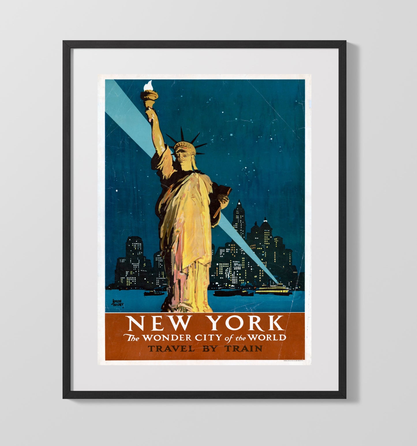 NY Wonder City of the World - Travel by Train to Freedom - Statue of Liberty Print - 16x20 Gallery Frame