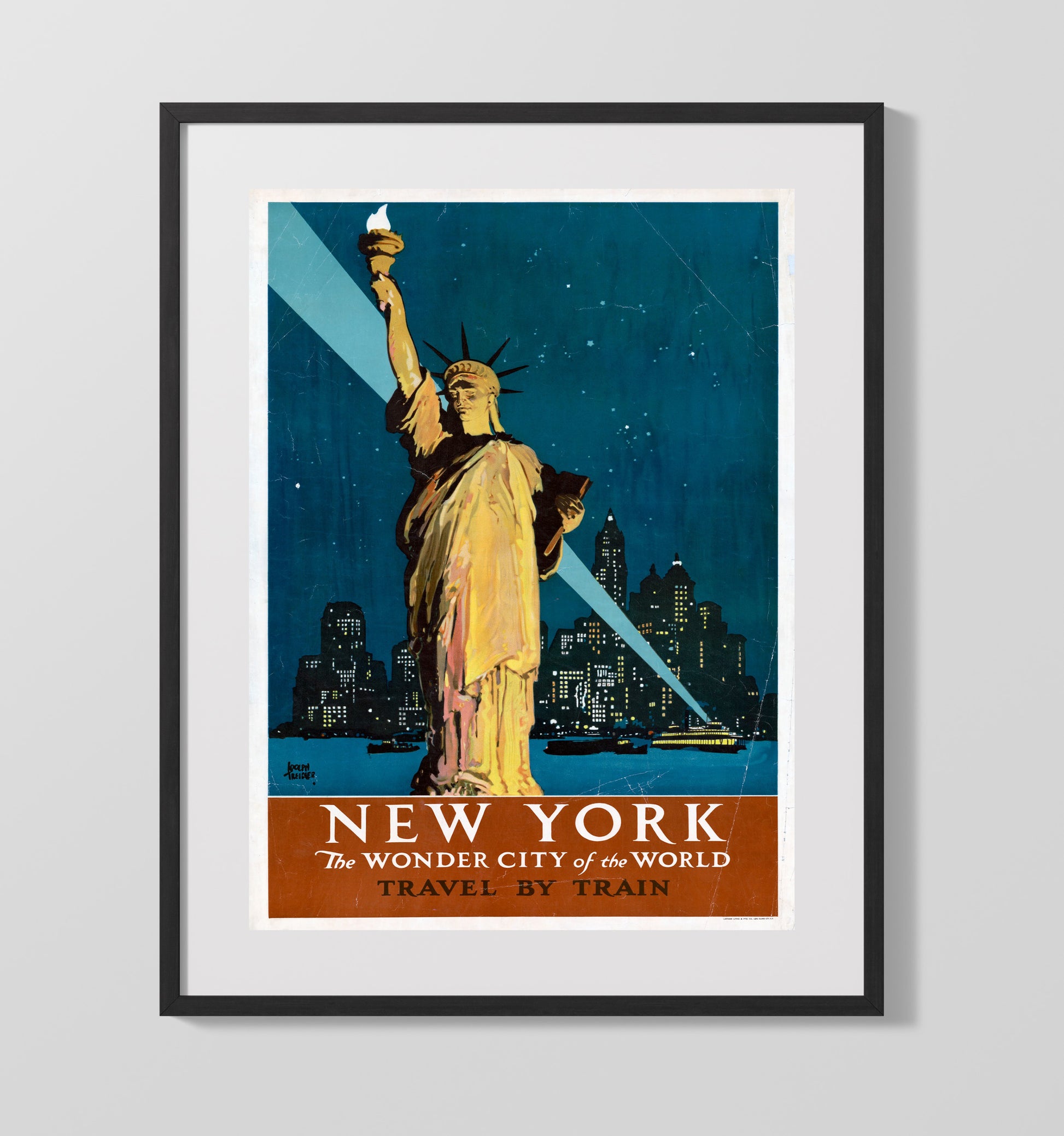 NY Wonder City of the World - Travel by Train to Freedom - Statue of Liberty Print - 16x20 Gallery Frame