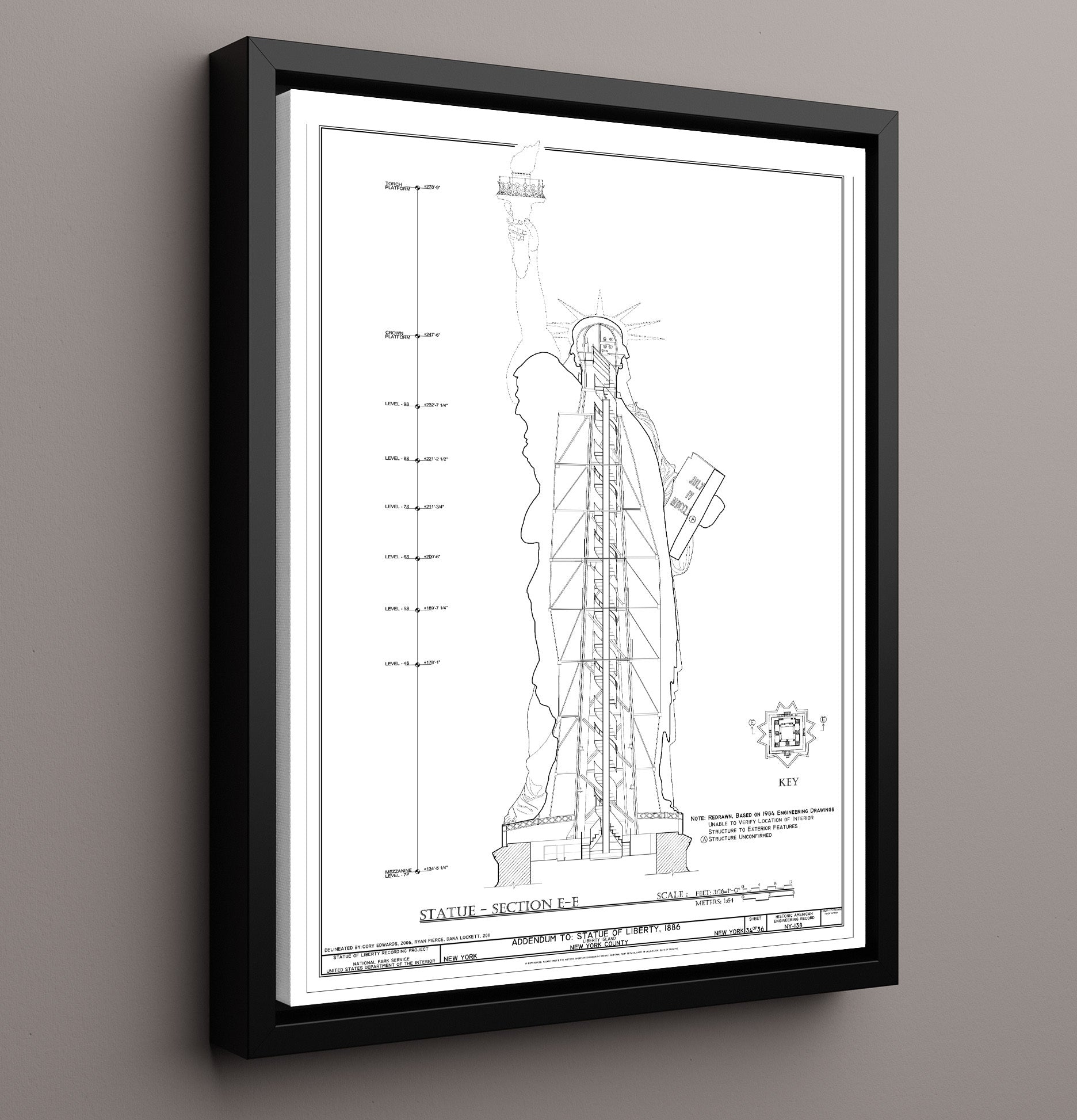 Structural Plans - The Bones of Liberty Revealed - Statue of Liberty Print - 16x20 Framed Canvas