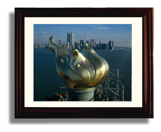 Torch NY Skyline - Flame Over Manhattan - Statue of Liberty Print - 8x10 Beveled Frame