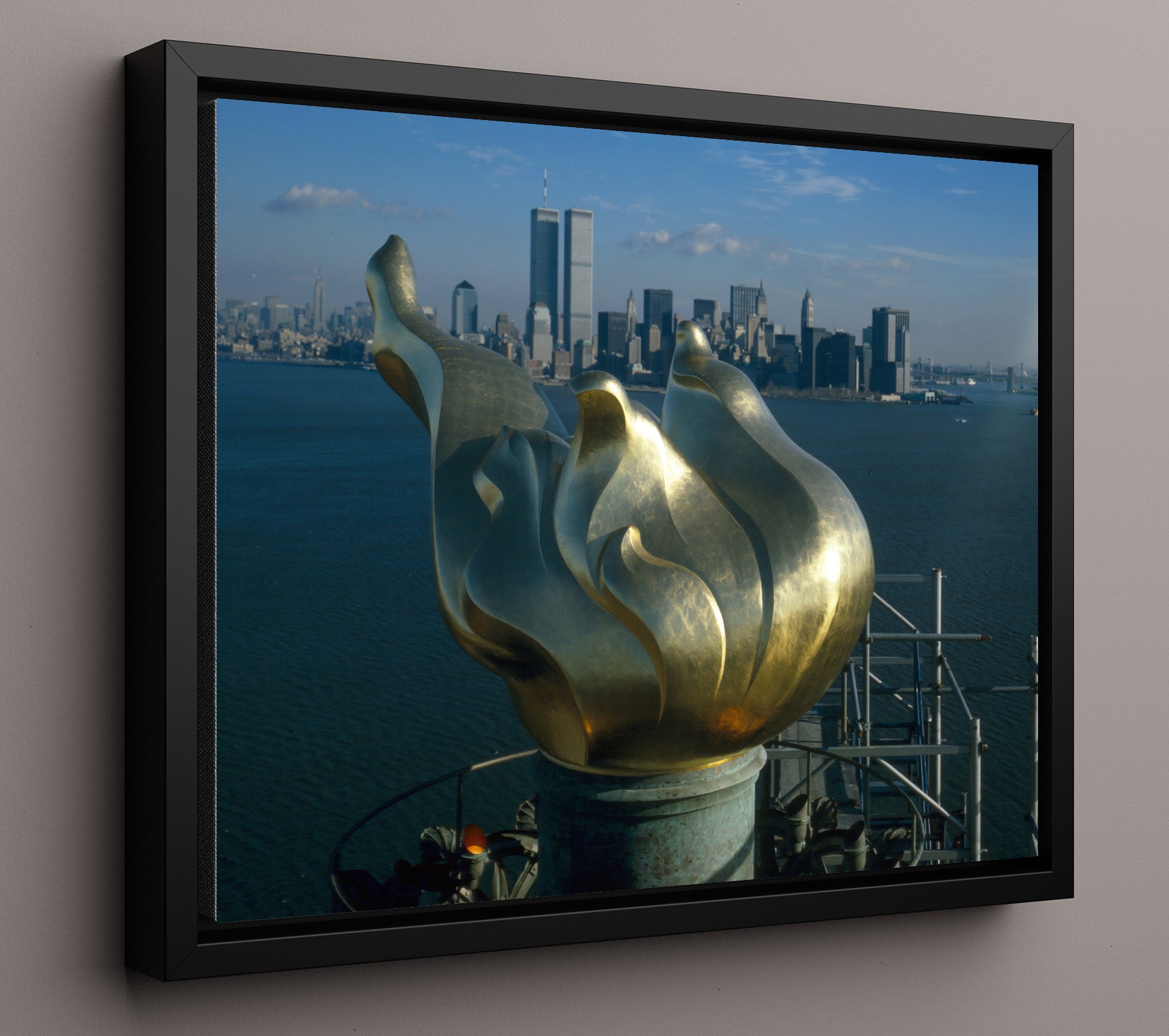 Torch NY Skyline - Flame Over Manhattan - Statue of Liberty Print - 16x20 Framed Canvas