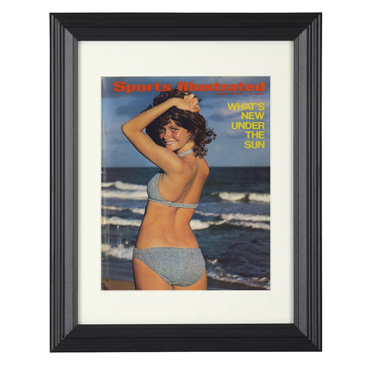 Atlantic Shoreline Model – What’s New Under the Sun 1974 SI 8x10 matted black framed swimsuit wall art