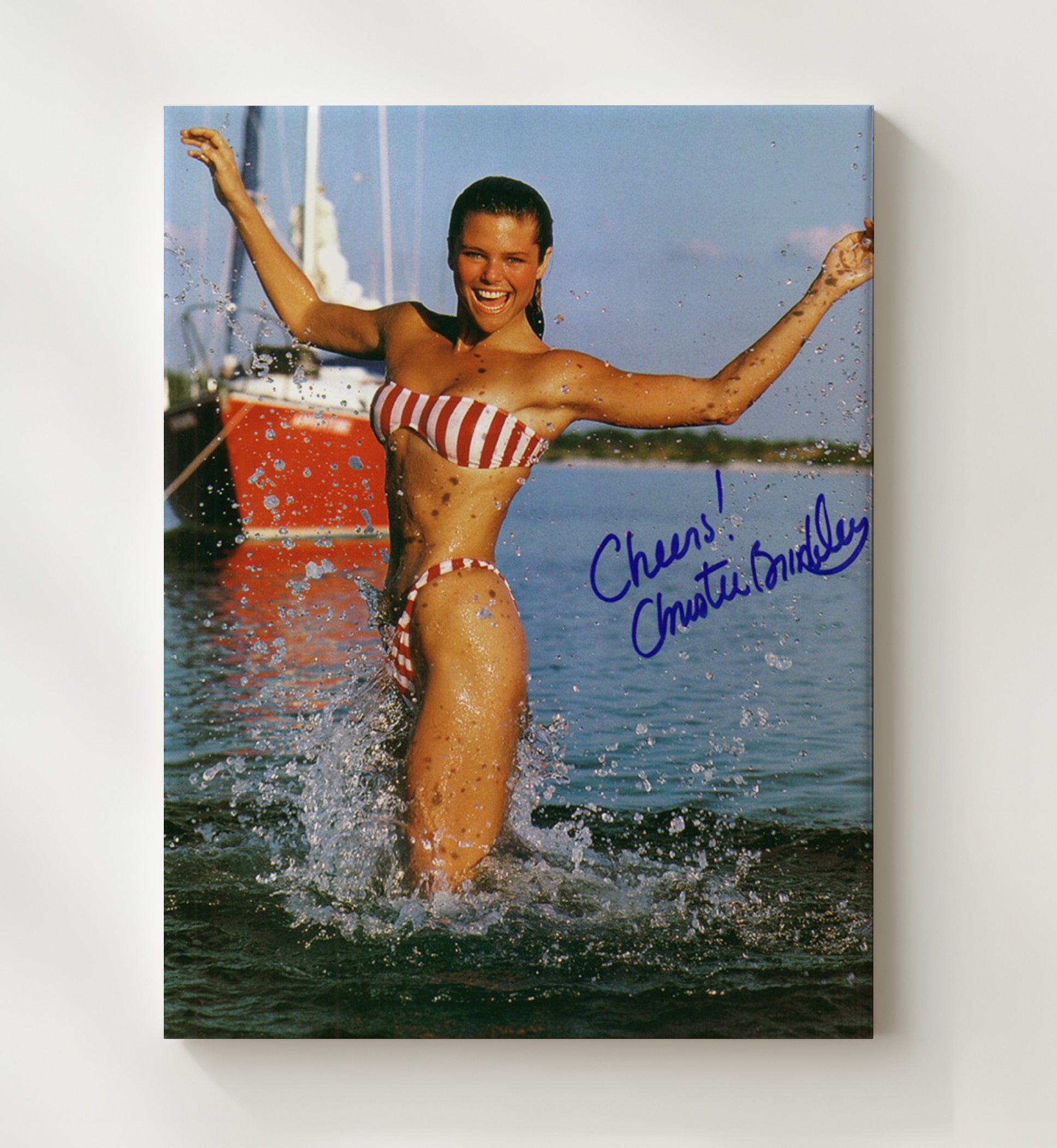 Christie Brinkley - Classic Red Stripe Bikini SI Swimsuit Model Signed Swimsuit Wall Art 20x24 Canvas wall art print – Swimsuit Wall Art decor