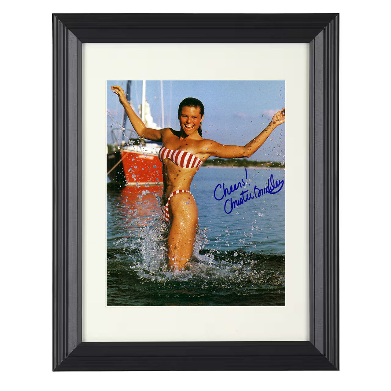 Christie Brinkley – Classic Red Stripe Bikini SI 8x10 matted black framed swimsuit wall art
