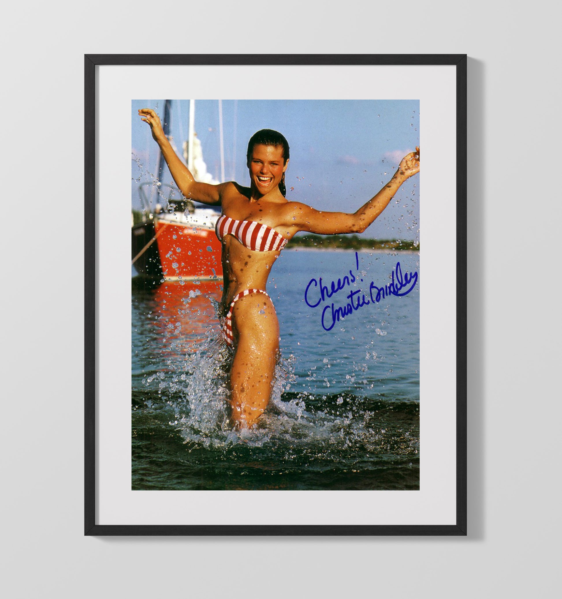 Christie Brinkley - Classic Red Stripe Bikini SI Swimsuit Model Signed Swimsuit Wall Art 16x20 Gallery Frame wall art print – Swimsuit Wall Art decor