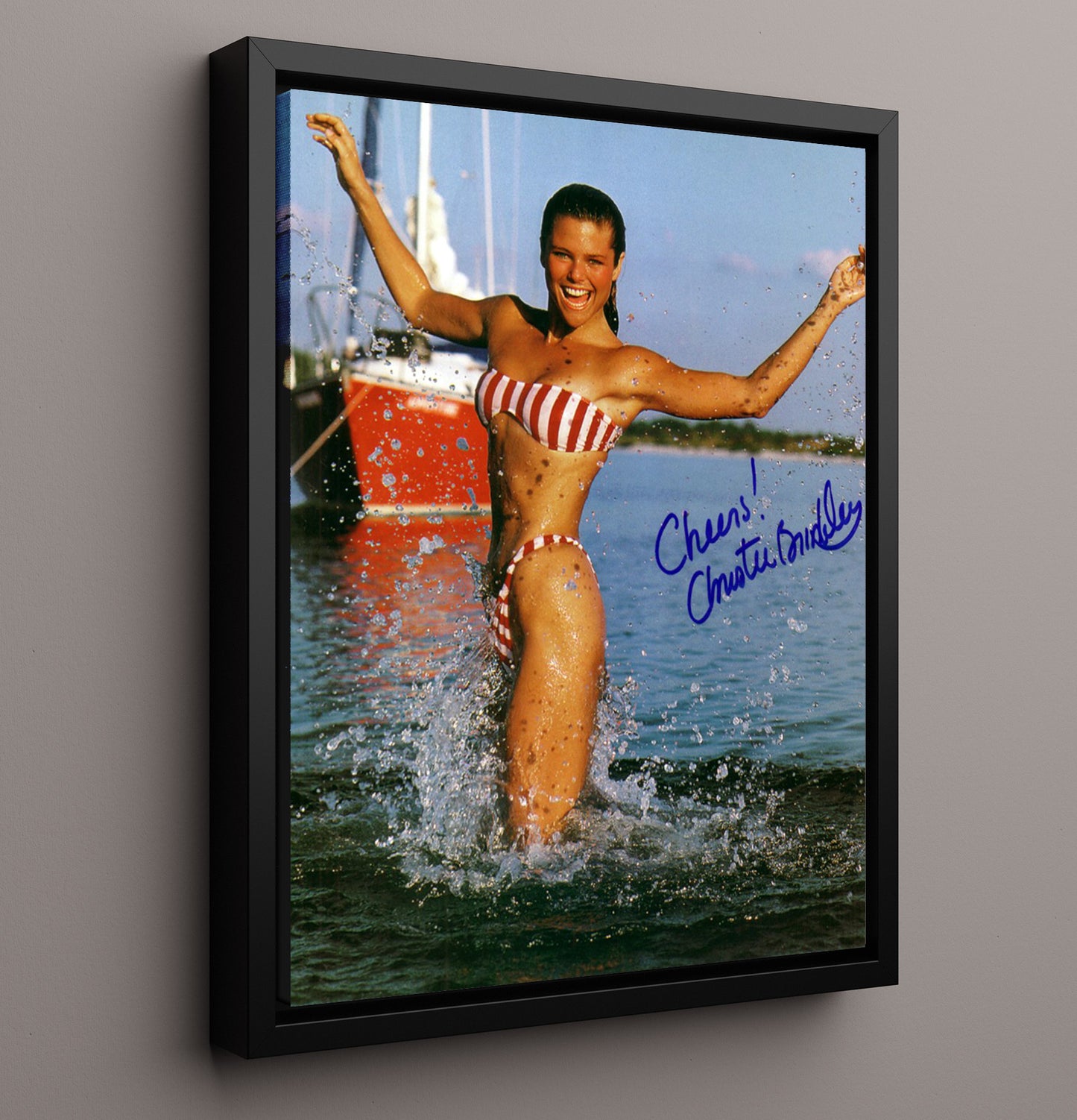 Christie Brinkley - Classic Red Stripe Bikini SI Swimsuit Model Signed Swimsuit Wall Art 16x20 Framed Canvas wall art print – Swimsuit Wall Art decor