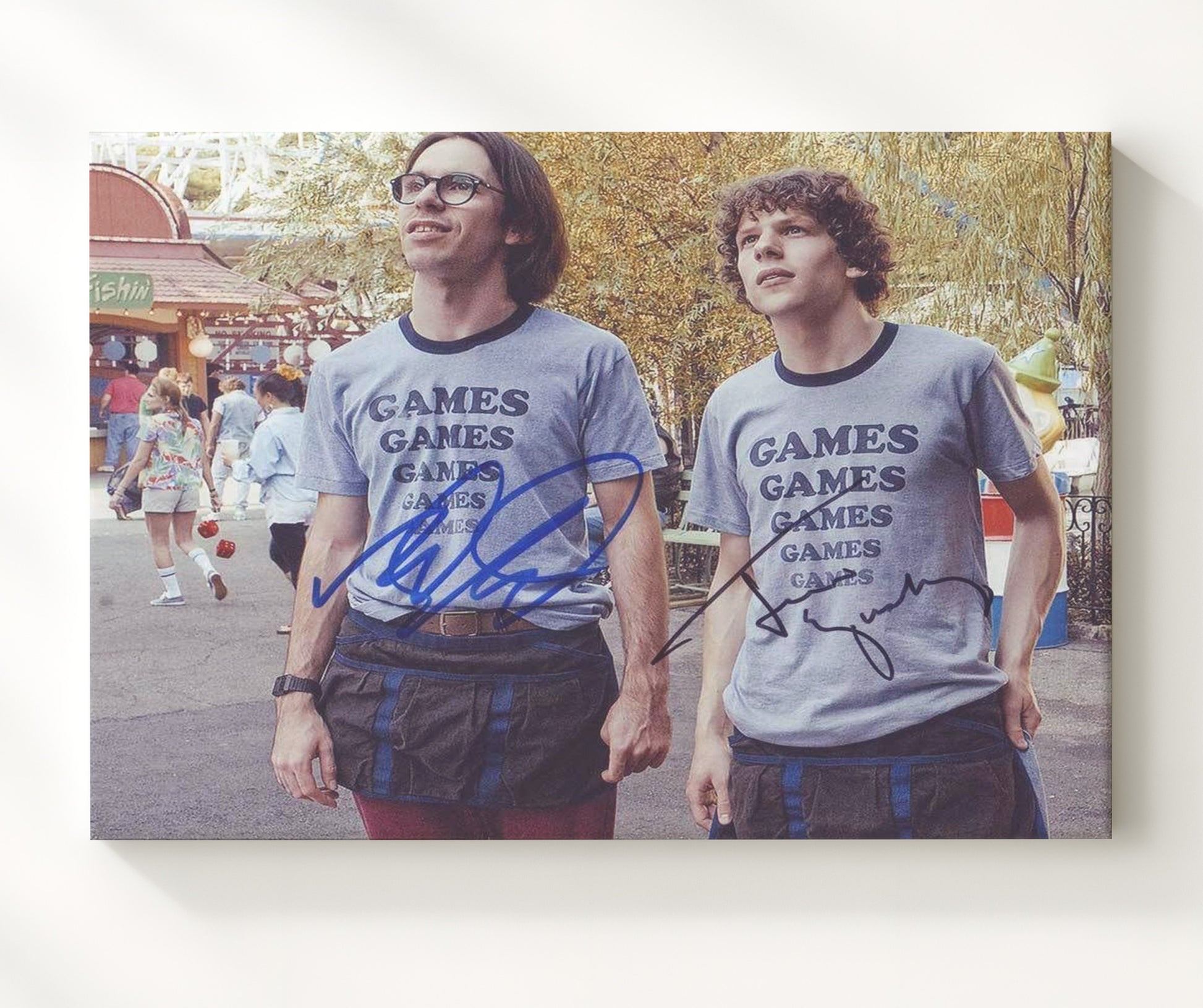 Adventureland - Jesse Eisenberg (James Brennan) and Ryan Reynolds (Mike Connell) Amusement Park Walk Scene - Vintage Television Wall Art - 20x24 Canvas wall art print - television decor
