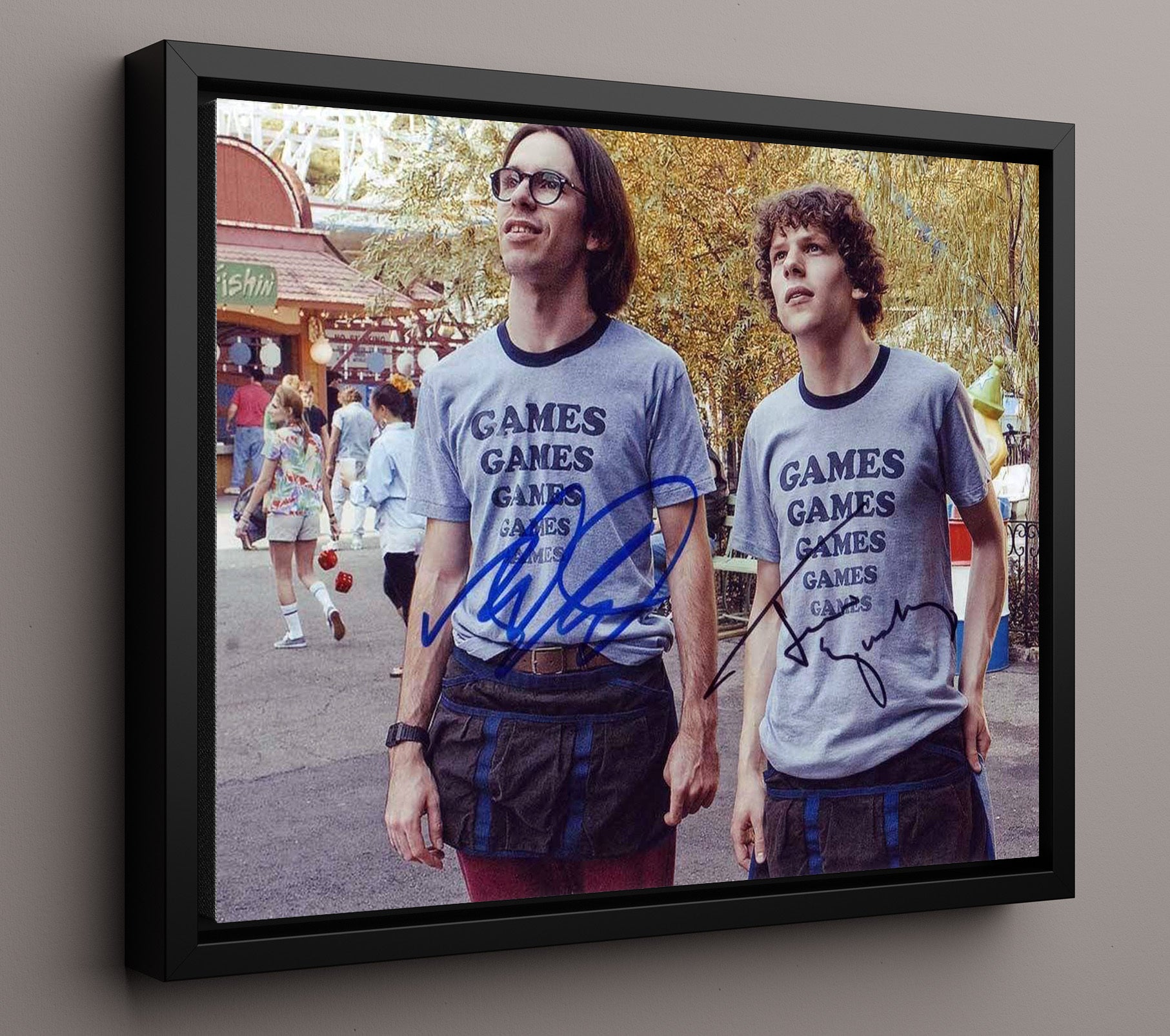 Adventureland - Jesse Eisenberg (James Brennan) and Ryan Reynolds (Mike Connell) Amusement Park Walk Scene - Vintage Television Wall Art - 16x20 Framed Canvas wall art print - television decor