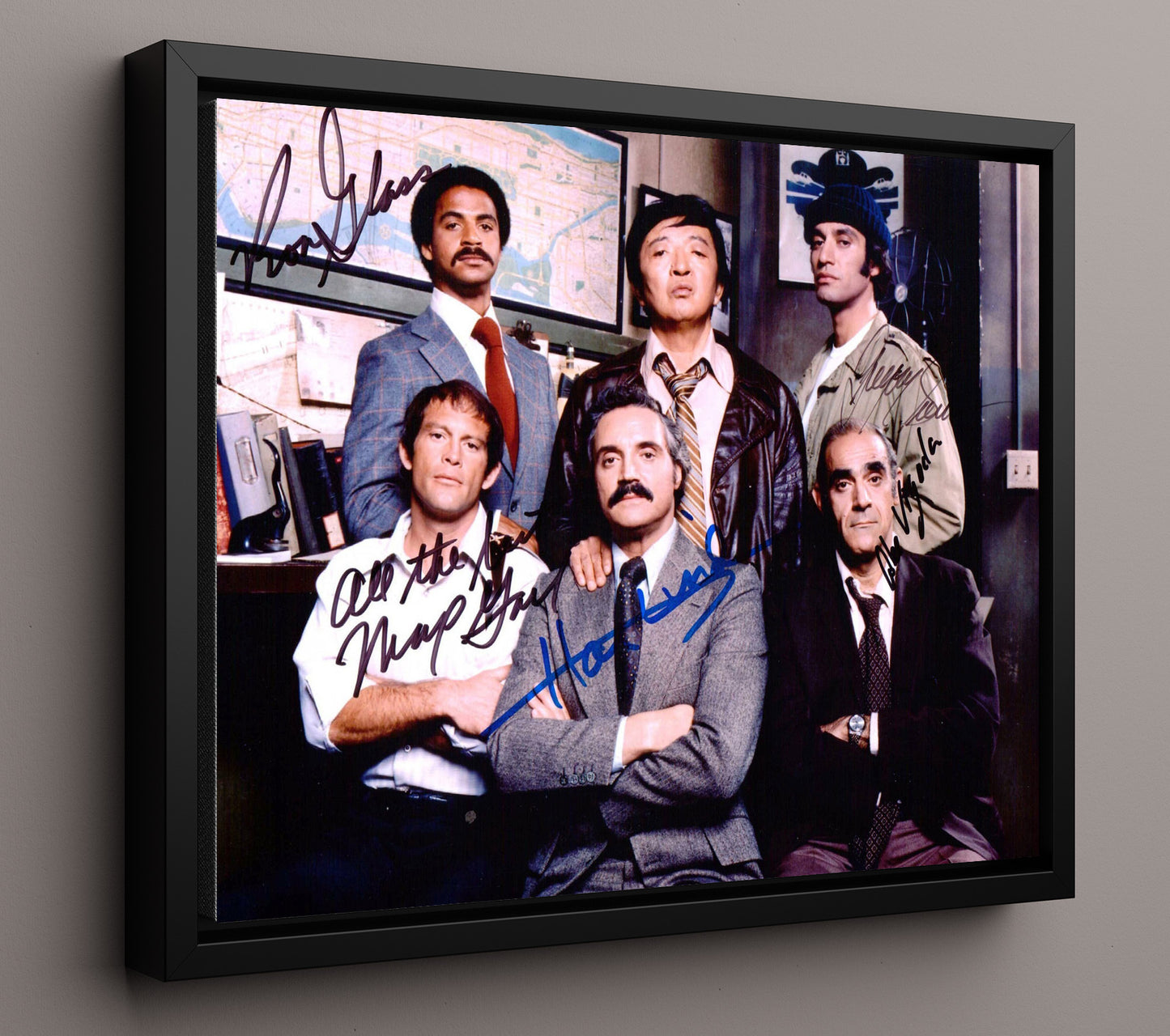 Barney Miller - Hal Linden (Captain Barney Miller) Ensemble Cast Precinct Group - Vintage Television Wall Art - 16x20 Framed Canvas wall art print - television decor