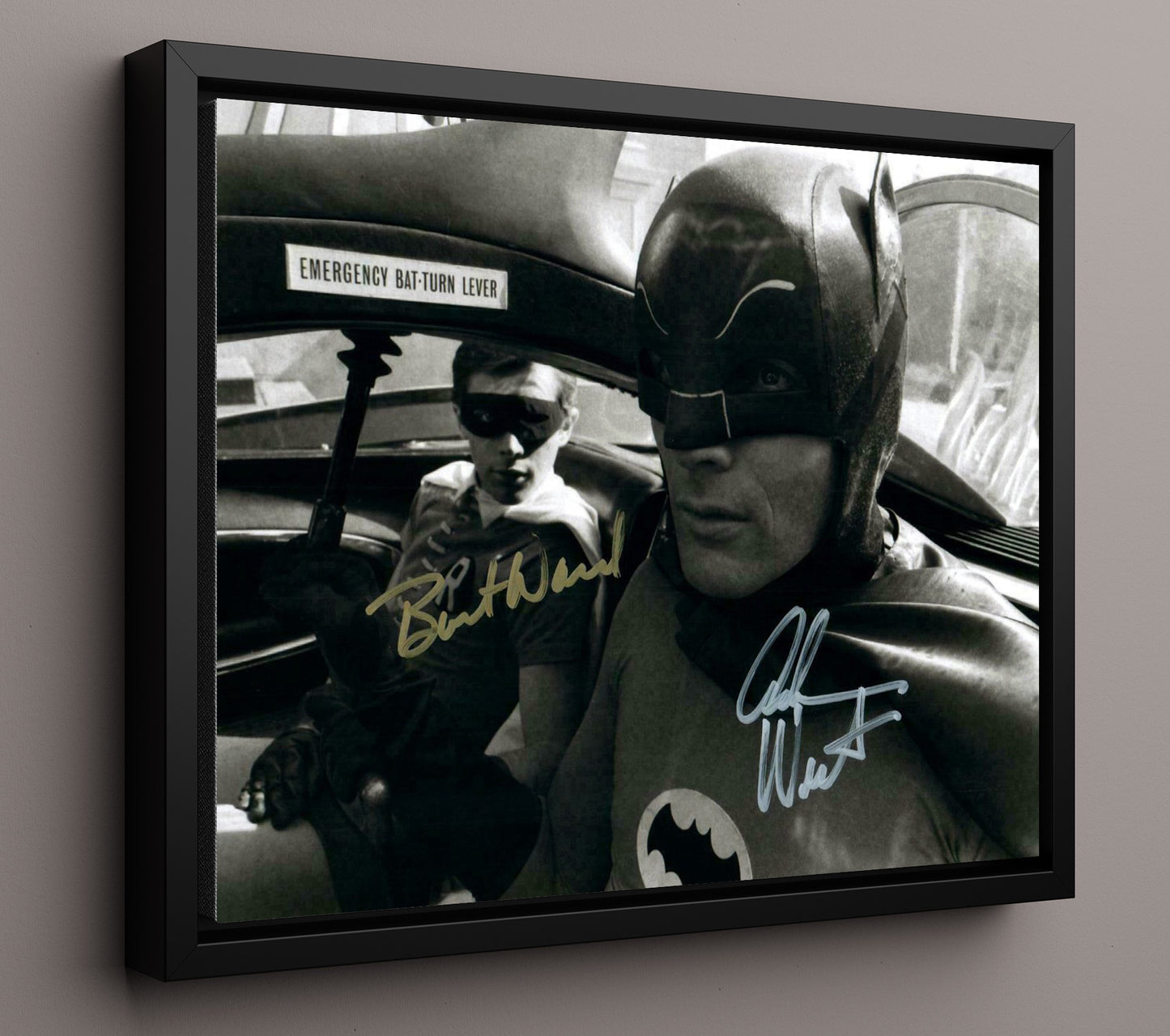 Batman - Adam West (Batman) and Burt Ward (Robin) Batmobile Interior Scene - Vintage Television Wall Art - 16x20 Framed Canvas wall art print - television decor