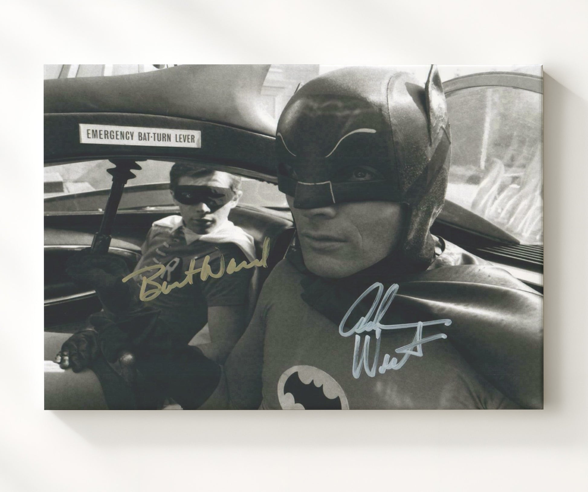 Batman - Adam West (Batman) and Burt Ward (Robin) Batmobile Interior Scene - Vintage Television Wall Art - 20x24 Canvas wall art print - television decor