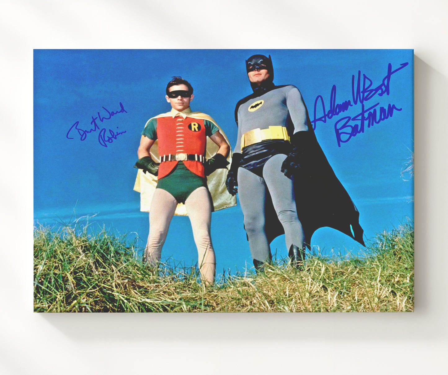 Batman - Adam West (Batman) and Burt Ward (Robin) Hilltop Hero Pose - Vintage Television Wall Art - 20x24 Canvas wall art print - television decor