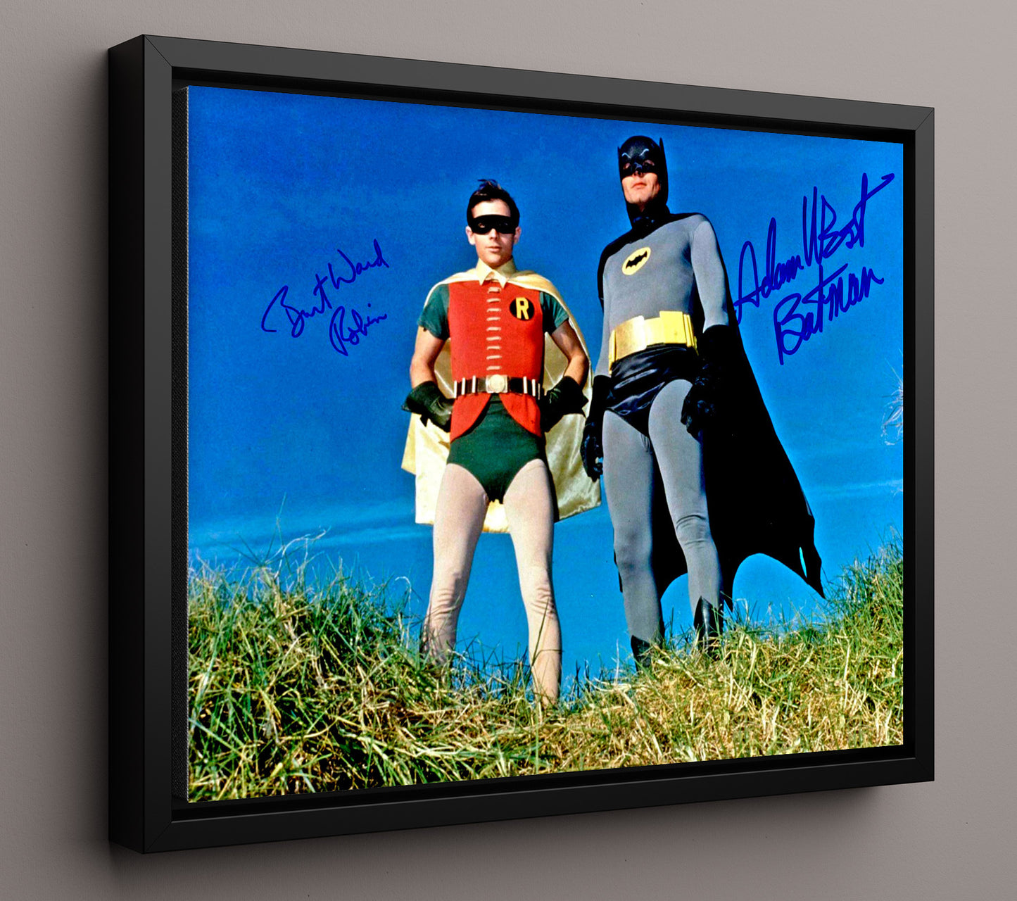Batman - Adam West (Batman) and Burt Ward (Robin) Hilltop Hero Pose - Vintage Television Wall Art - 16x20 Framed Canvas wall art print - television decor