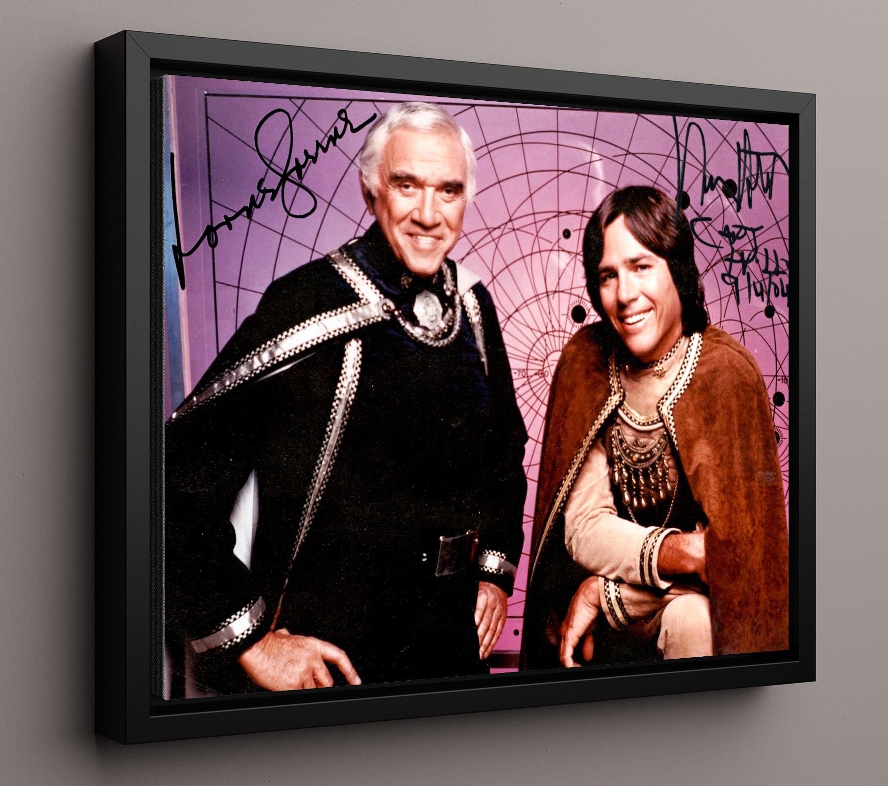 Battlestar Galactica - Lorne Greene (Adama) and Dirk Benedict (Starbuck) Command Bridge - Vintage Television Wall Art - 16x20 Framed Canvas wall art print - television decor