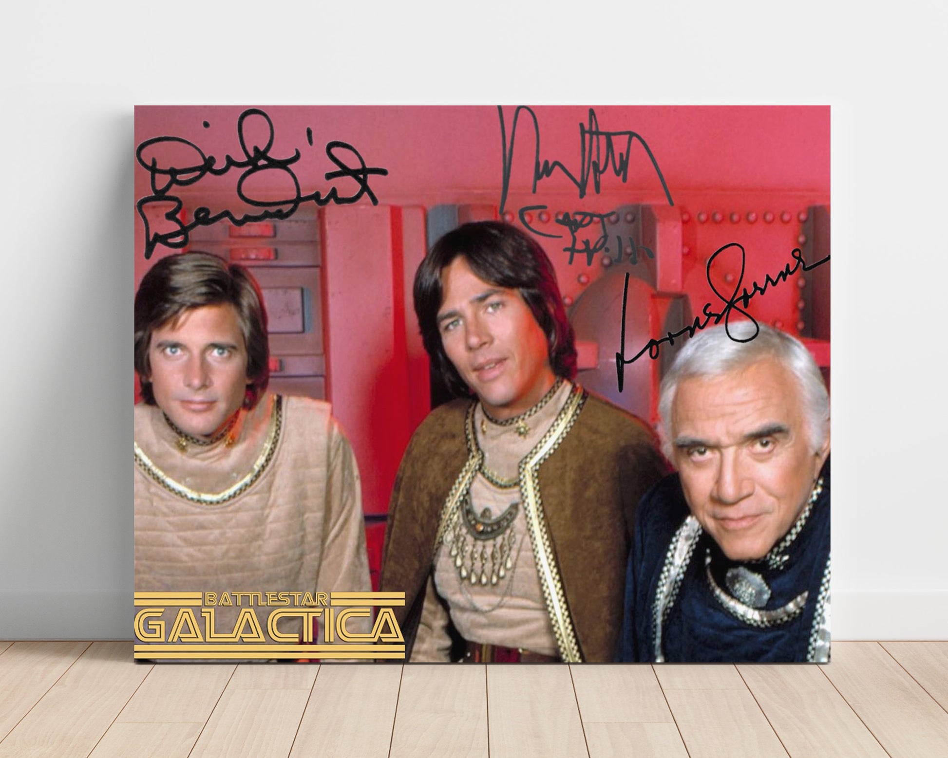 Battlestar Galactica - Richard Hatch (Apollo) and Dirk Benedict (Starbuck) and Lorne Greene (Adama) Colonial Bridge - Vintage Television Wall Art - 16x20 Unframed Print wall art print - television decor