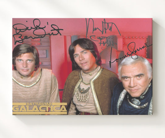 Battlestar Galactica - Richard Hatch (Apollo) and Dirk Benedict (Starbuck) and Lorne Greene (Adama) Colonial Bridge - Canvas television wall art