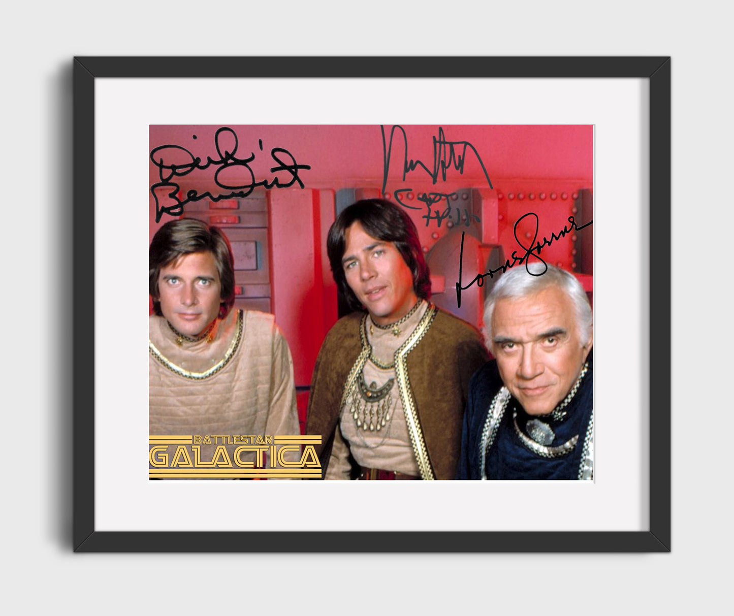 Battlestar Galactica - Richard Hatch (Apollo) and Dirk Benedict (Starbuck) and Lorne Greene (Adama) Colonial Bridge - Vintage Television Wall Art - 16x20 Gallery Frame wall art print - television decor