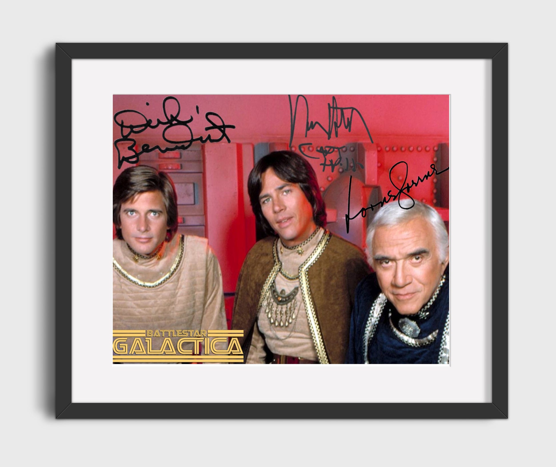 Battlestar Galactica - Richard Hatch (Apollo) and Dirk Benedict (Starbuck) and Lorne Greene (Adama) Colonial Bridge - Vintage Television Wall Art - 16x20 Gallery Frame wall art print - television decor
