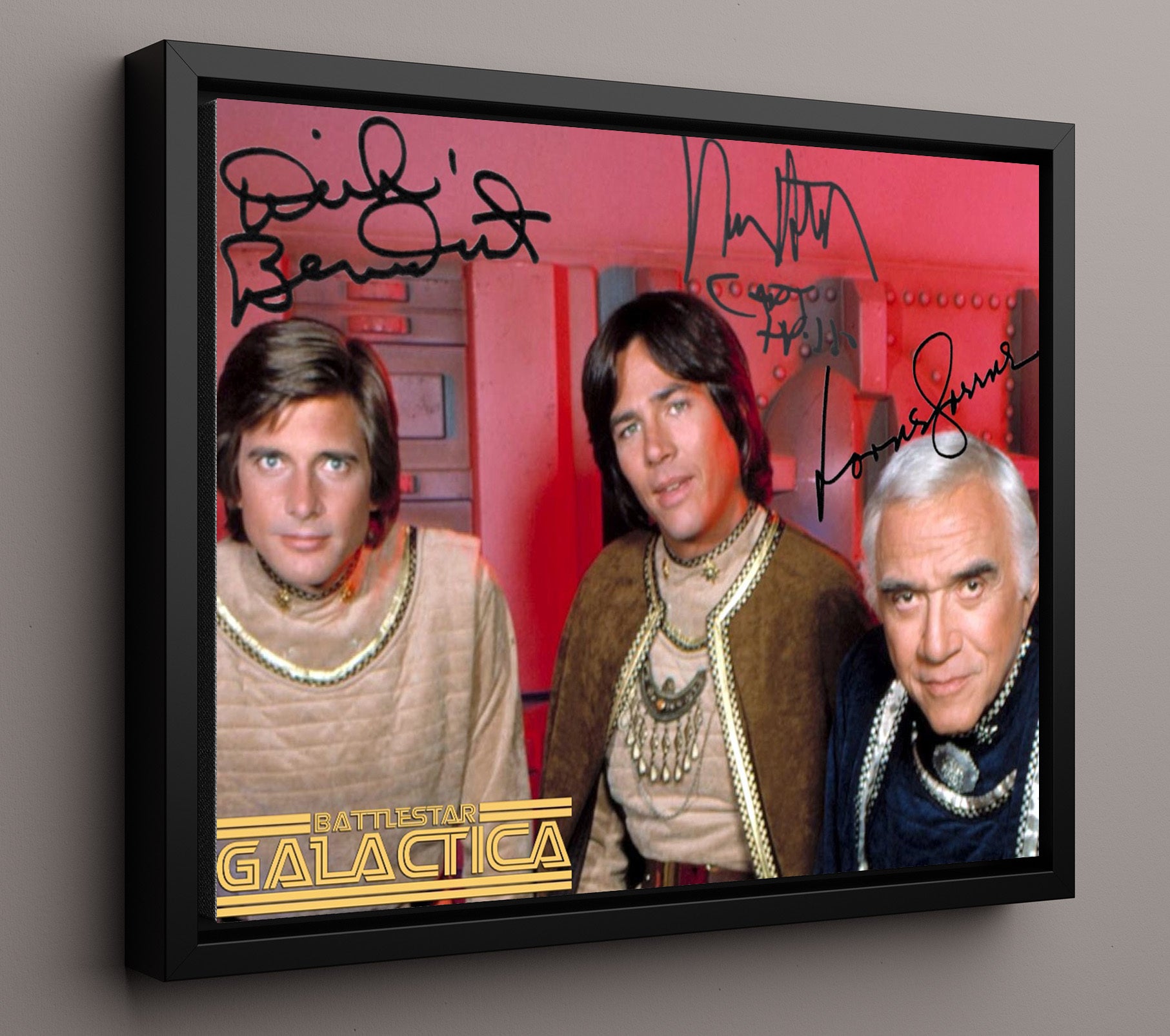 Battlestar Galactica - Richard Hatch (Apollo) and Dirk Benedict (Starbuck) and Lorne Greene (Adama) Colonial Bridge - Vintage Television Wall Art - 16x20 Framed Canvas wall art print - television decor