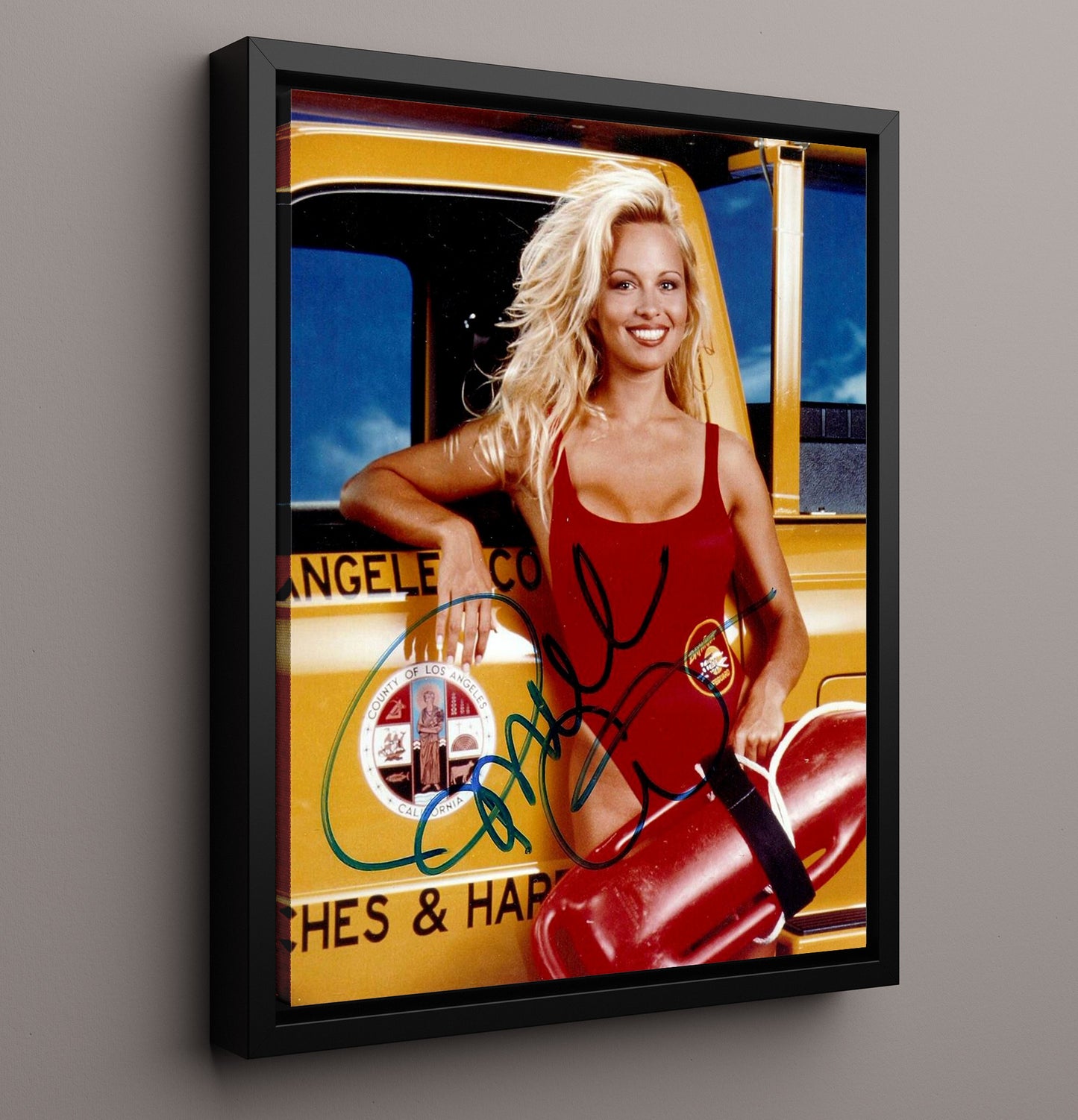 Baywatch - Pamela Anderson - Red Swimsuit Lifeguard Float Truck Pose - Vintage Television Wall Art - 16x20 Framed Canvas wall art print - television decor