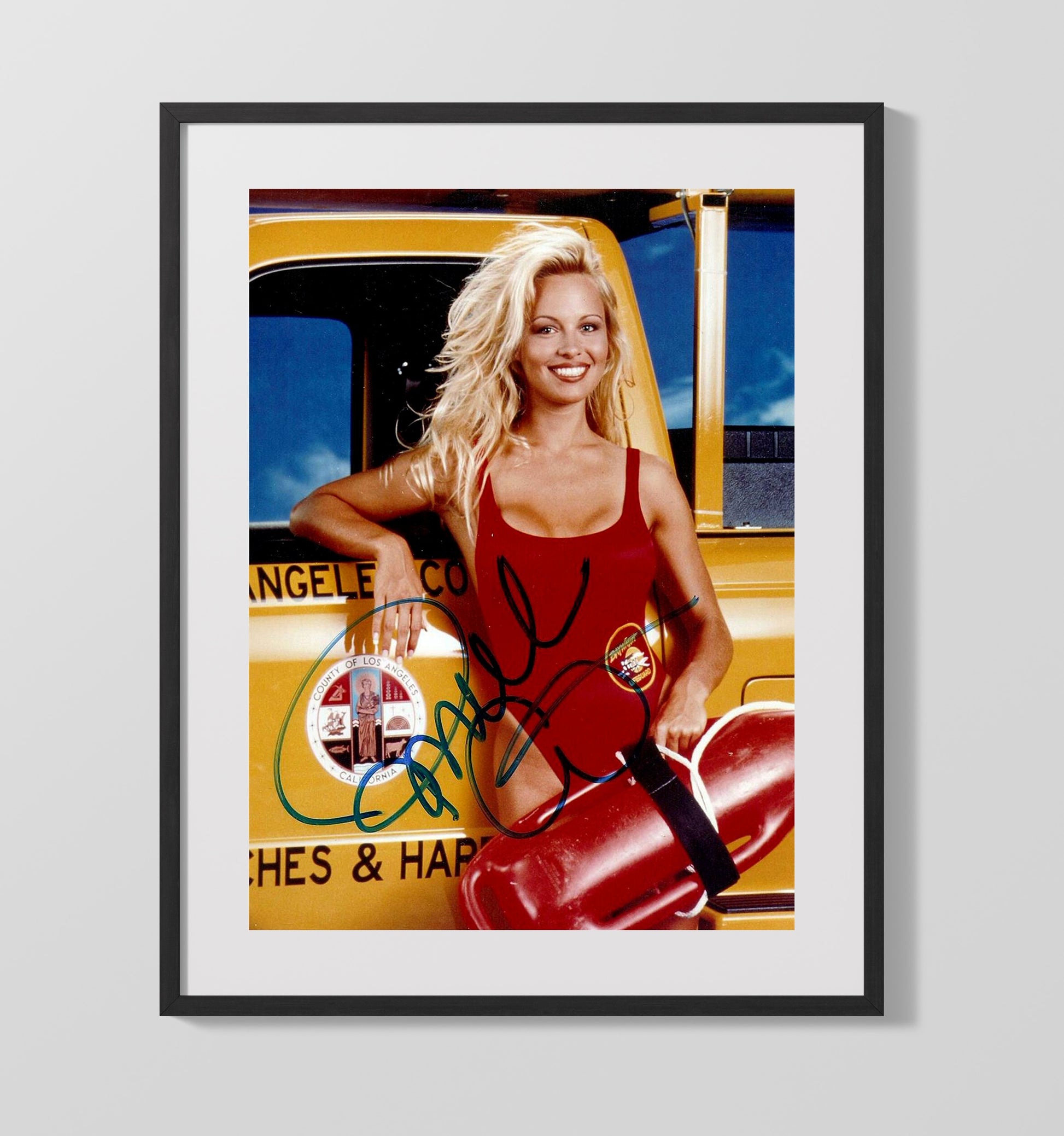 Baywatch - Pamela Anderson - Red Swimsuit Lifeguard Float Truck Pose - Vintage Television Wall Art - 16x20 Gallery Frame wall art print - television decor
