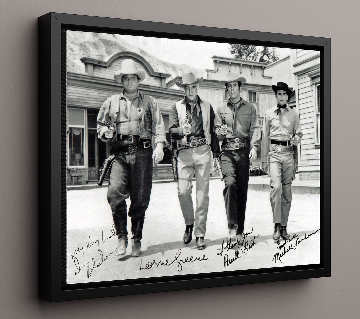 Bonanza - Lorne Greene (Ben Cartwright) Ensemble Cast Ponderosa Ranch - Vintage Television Wall Art - 16x20 Framed Canvas wall art print - television decor
