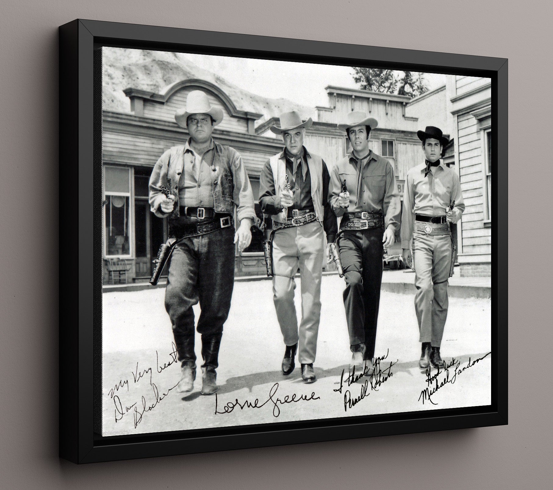 Bonanza - Lorne Greene (Ben Cartwright) Ensemble Cast Ponderosa Ranch - Vintage Television Wall Art - 16x20 Framed Canvas wall art print - television decor