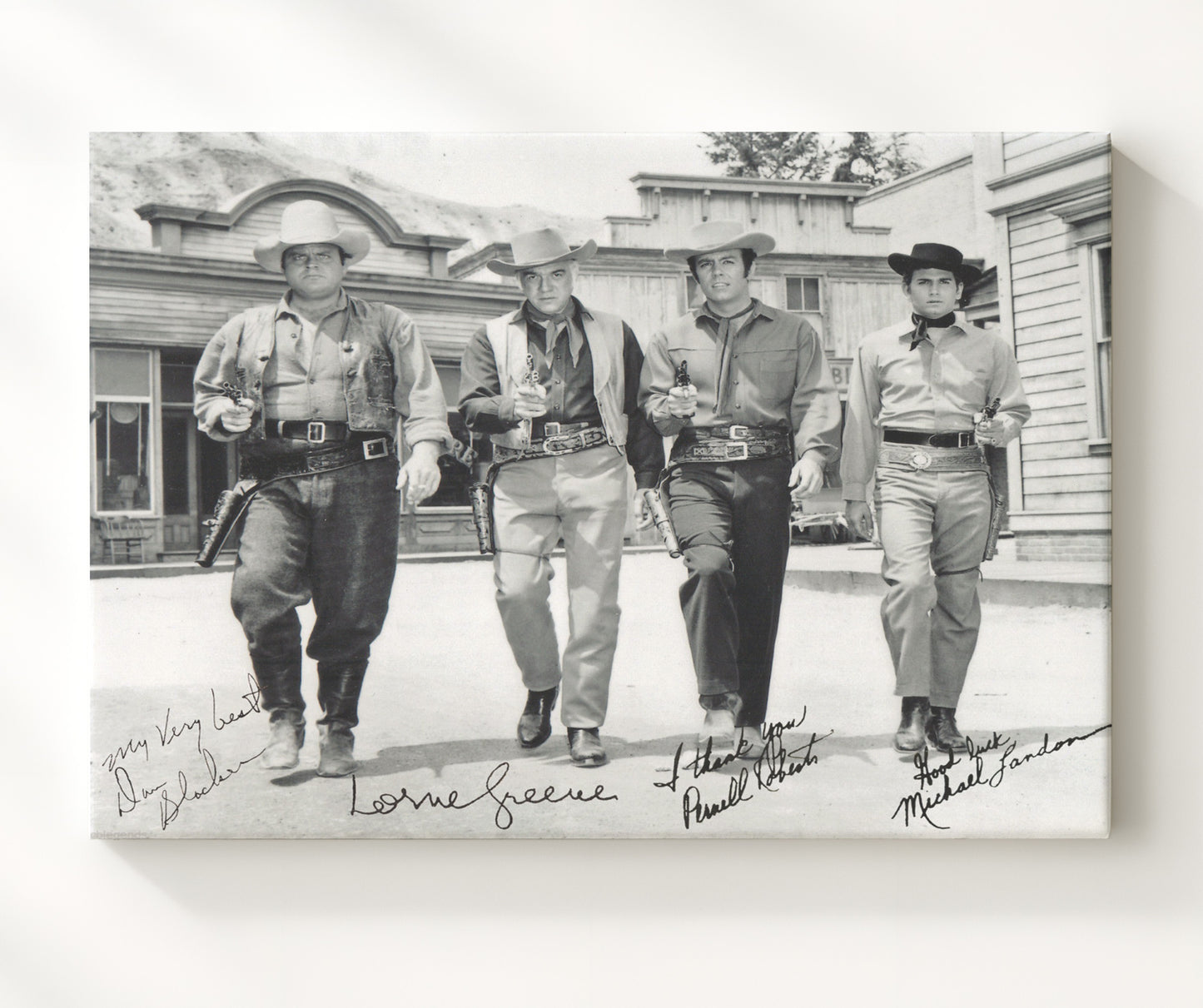Bonanza - Lorne Greene (Ben Cartwright) Ensemble Cast Ponderosa Ranch - Vintage Television Wall Art - 20x24 Canvas wall art print - television decor