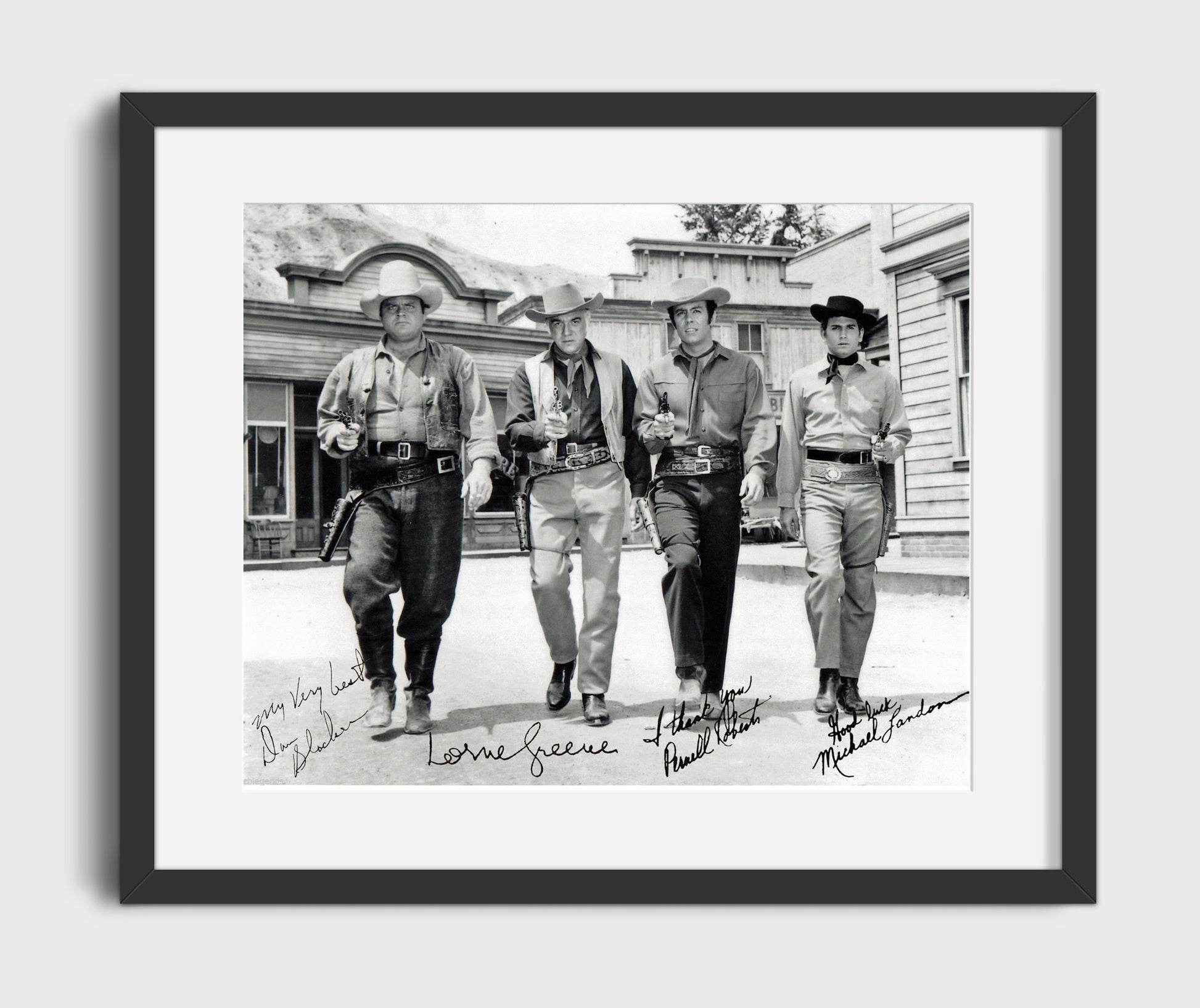Bonanza - Lorne Greene (Ben Cartwright) Ensemble Cast Ponderosa Ranch - Vintage Television Wall Art - 16x20 Gallery Frame wall art print - television decor