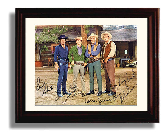 Bonanza - Lorne Greene (Ben Cartwright) and Michael Landon (Little Joe) and Dan Blocker (Hoss) and Pernell Roberts (Adam) Western Ranch - Vintage Television Wall Art - 8x10 Beveled Frame wall art print - television decor