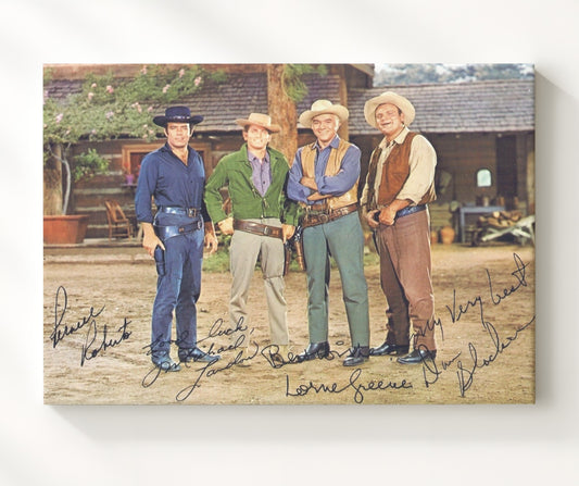 Bonanza - Lorne Greene (Ben Cartwright) and Michael Landon (Little Joe) and Dan Blocker (Hoss) and Pernell Roberts (Adam) Western Ranch - Canvas television wall art
