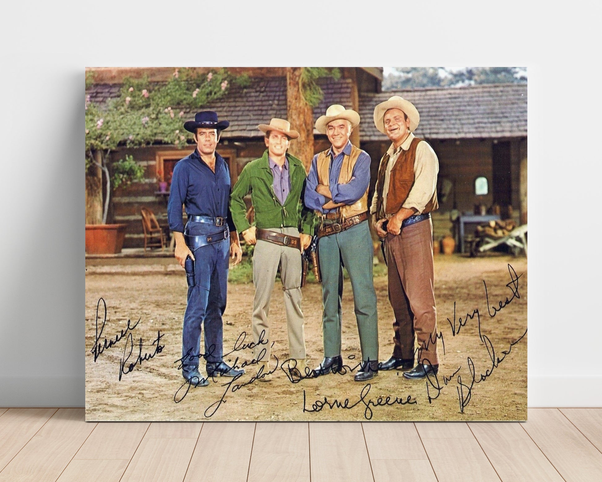 Bonanza - Lorne Greene (Ben Cartwright) and Michael Landon (Little Joe) and Dan Blocker (Hoss) and Pernell Roberts (Adam) Western Ranch - Vintage Television Wall Art - 16x20 Unframed Print wall art print - television decor