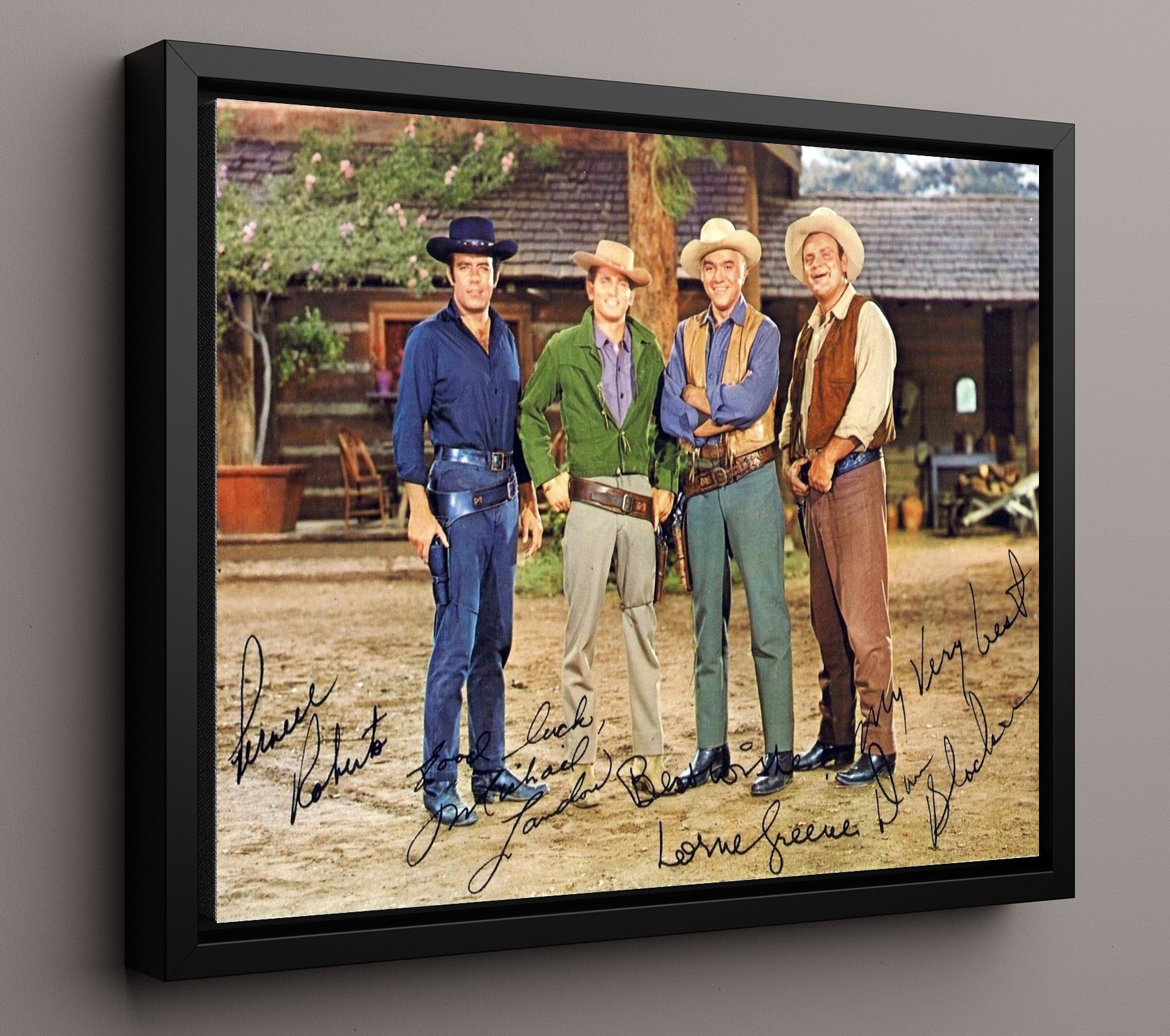 Bonanza - Lorne Greene (Ben Cartwright) and Michael Landon (Little Joe) and Dan Blocker (Hoss) and Pernell Roberts (Adam) Western Ranch - Vintage Television Wall Art - 16x20 Framed Canvas wall art print - television decor