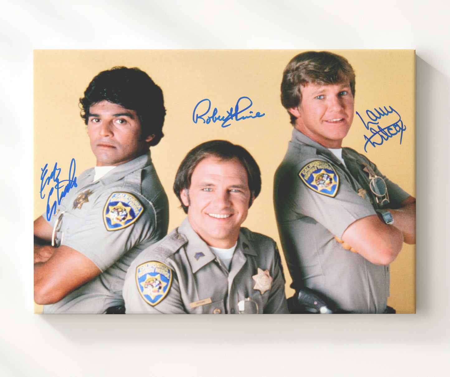 CHiPs - Erik Estrada (Frank Poncherello) Ensemble California Highway Patrol Trio Scene - Vintage Television Wall Art - 20x24 Canvas wall art print - television decor