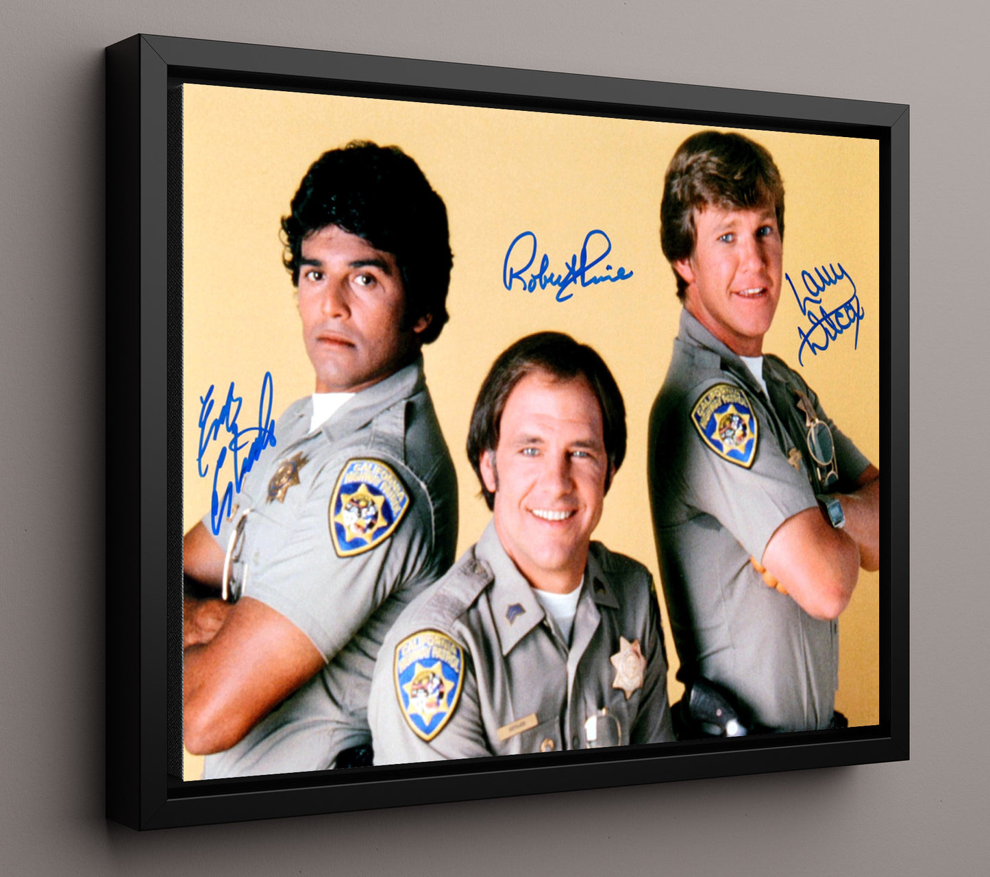 CHiPs - Erik Estrada (Frank Poncherello) Ensemble California Highway Patrol Trio Scene - Vintage Television Wall Art - 16x20 Framed Canvas wall art print - television decor