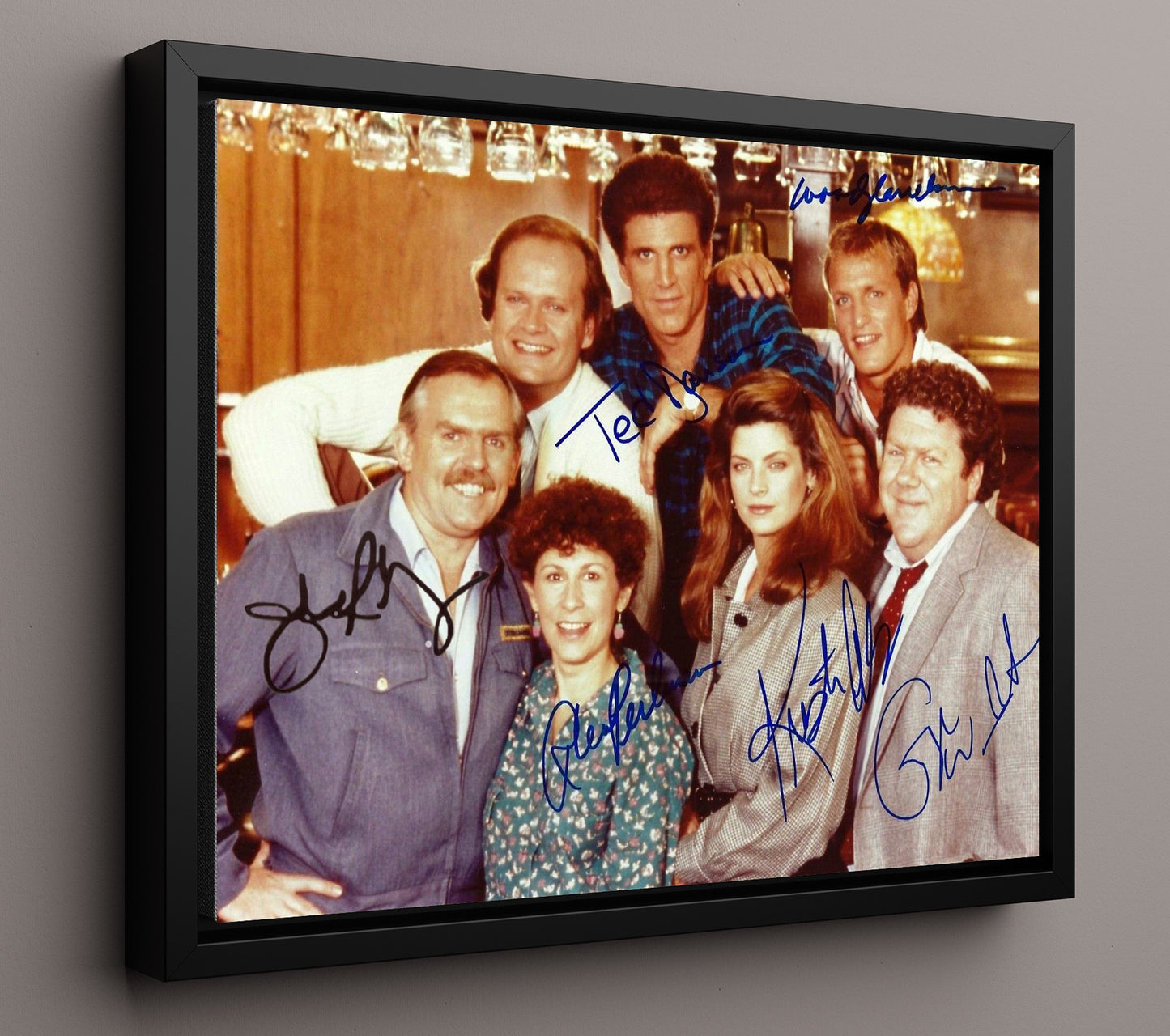 Cheers - Ted Danson (Sam Malone) Ensemble Cast Bar Scene - Vintage Television Wall Art - 16x20 Framed Canvas wall art print - television decor