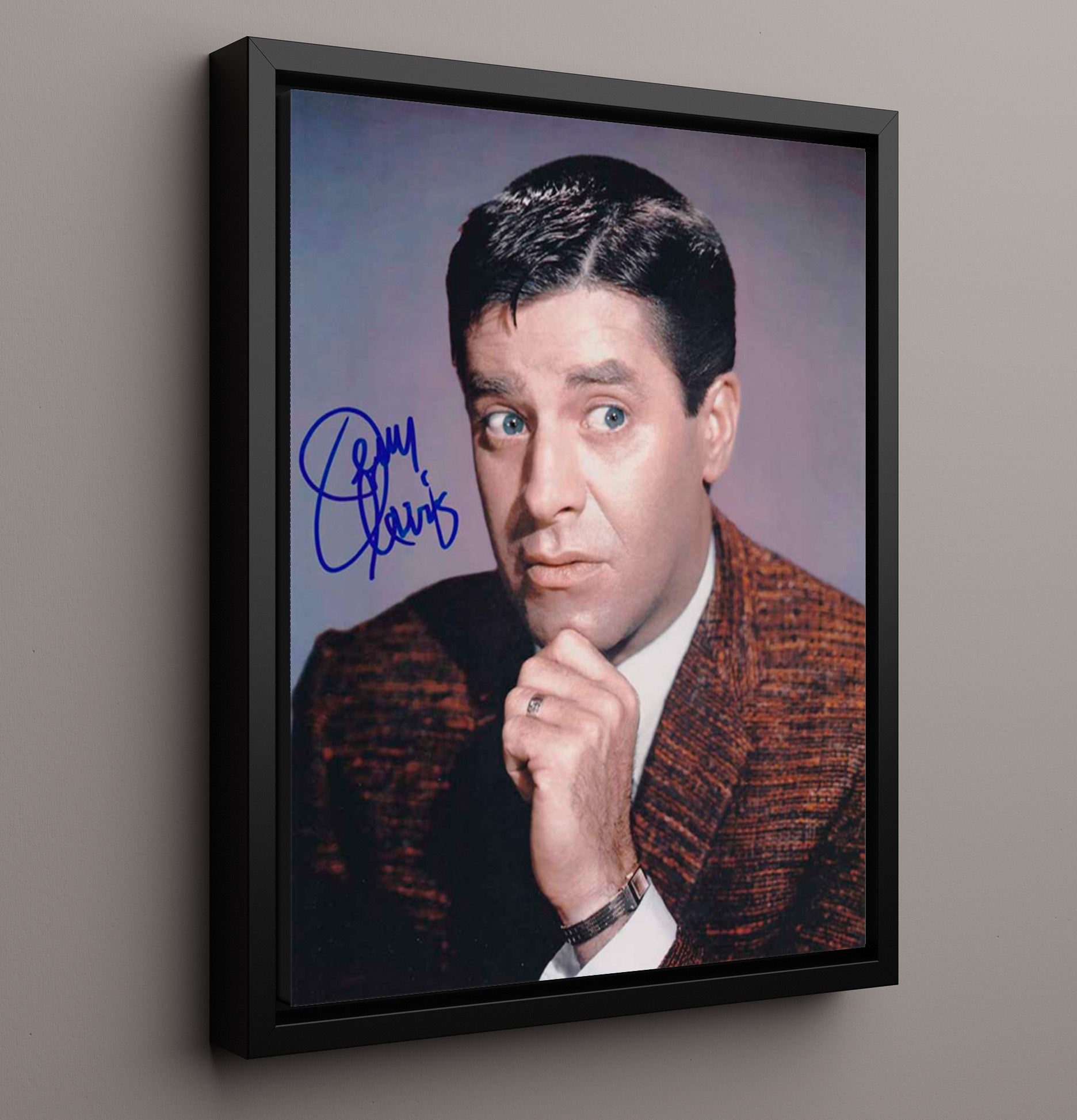 Classic Comedy - Jerry Lewis - Brown Jacket Thinking Headshot - Vintage Television Wall Art - 16x20 Framed Canvas wall art print - television decor