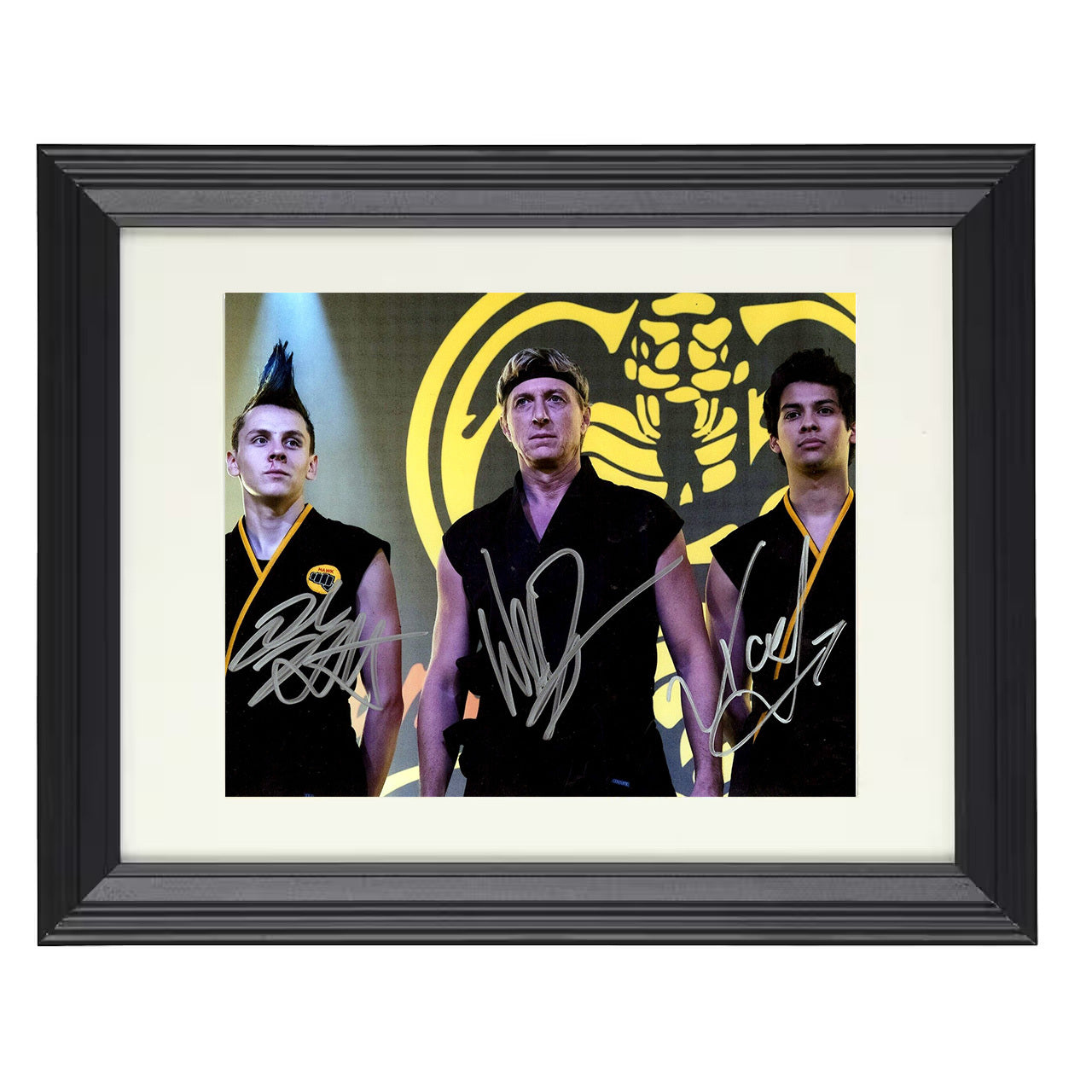 Cobra Kai – Johnny Lawrence and Xolo Mariduena and Jacob – 8x10 black beveled framed television wall art
