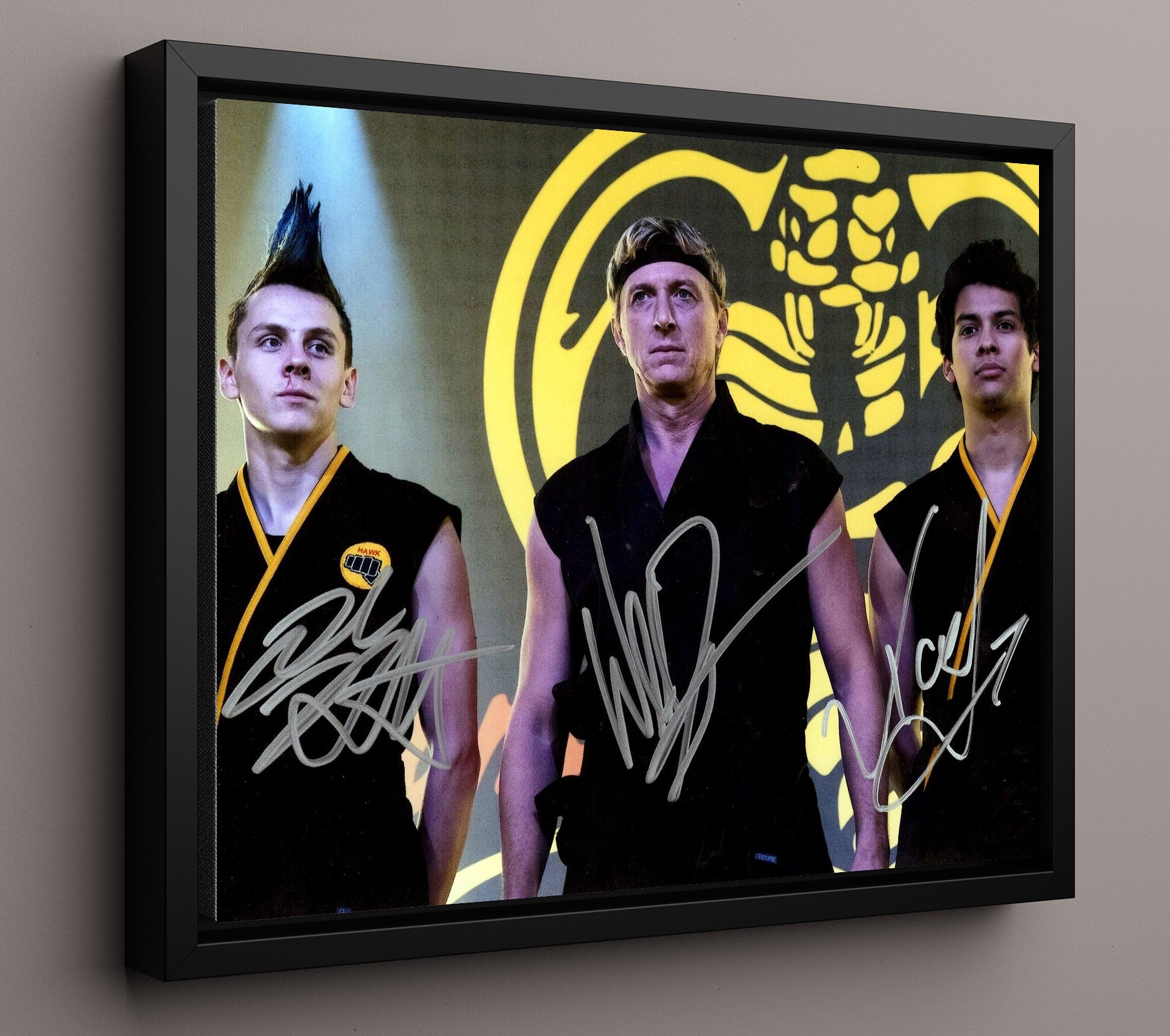 Cobra Kai - William Zabka (Johnny Lawrence) and Xolo Mariduena (Miguel Diaz) and Jacob Bertrand (Hawk) Cobra Kai Dojo Scene - Vintage Television Wall Art - 16x20 Framed Canvas wall art print - television decor
