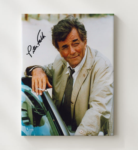 Columbo - Peter Falk - Detective Columbo Trenchcoat Leaning Car - Canvas television wall art