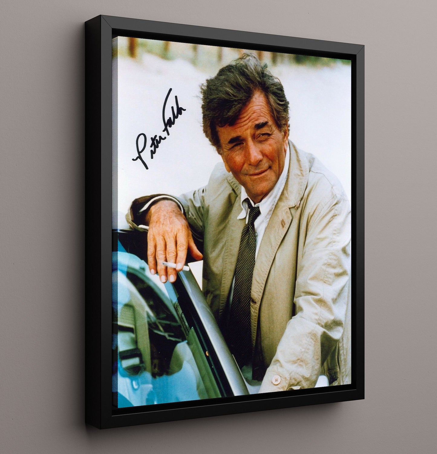 Columbo - Peter Falk - Detective Columbo Trenchcoat Leaning Car - Vintage Television Wall Art - 16x20 Framed Canvas wall art print - television decor