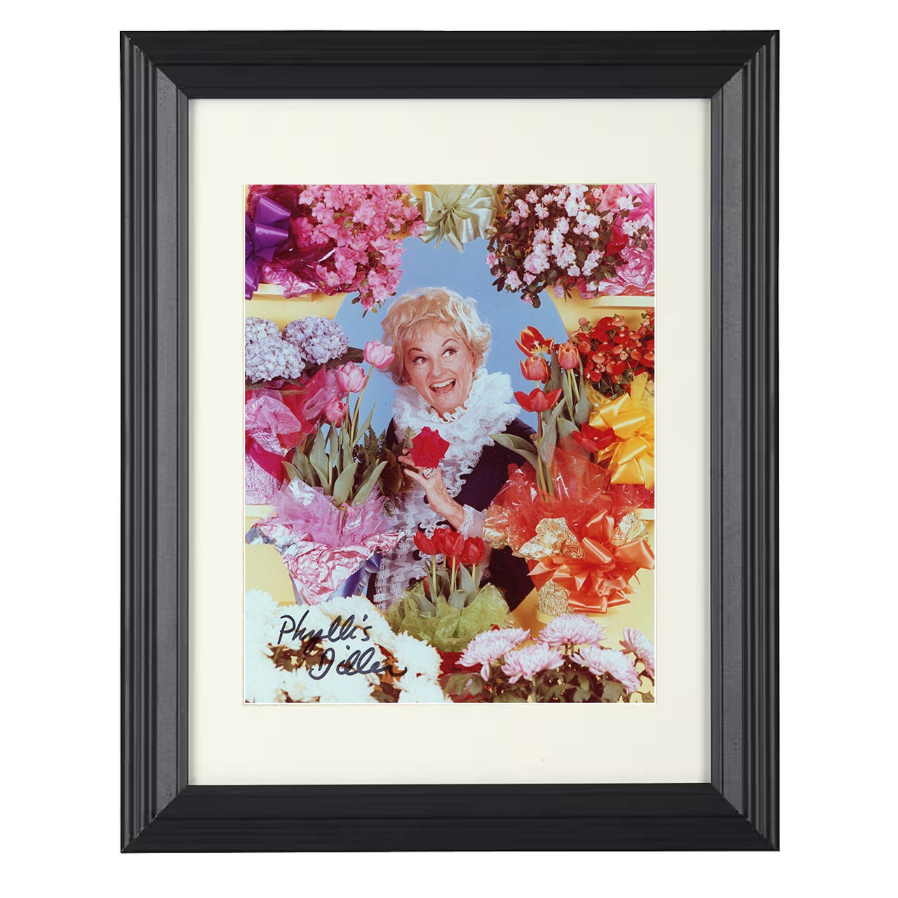 Comedy – Phyllis Diller – Surrounded by Colorful Flower – 8x10 black beveled framed television wall art