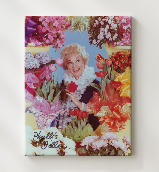 Comedy - Phyllis Diller - Surrounded by Colorful Flower Bouquets - Canvas television wall art