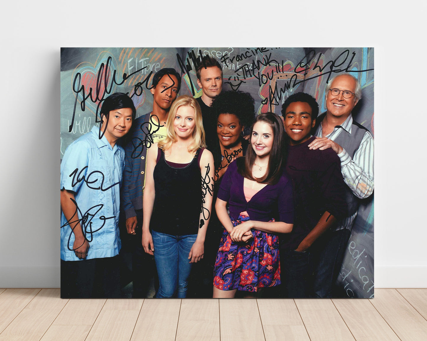 Community - Joel McHale (Jeff Winger) Ensemble Study Group Classroom Chalkboard Scene - Vintage Television Wall Art - 16x20 Unframed Print wall art print - television decor