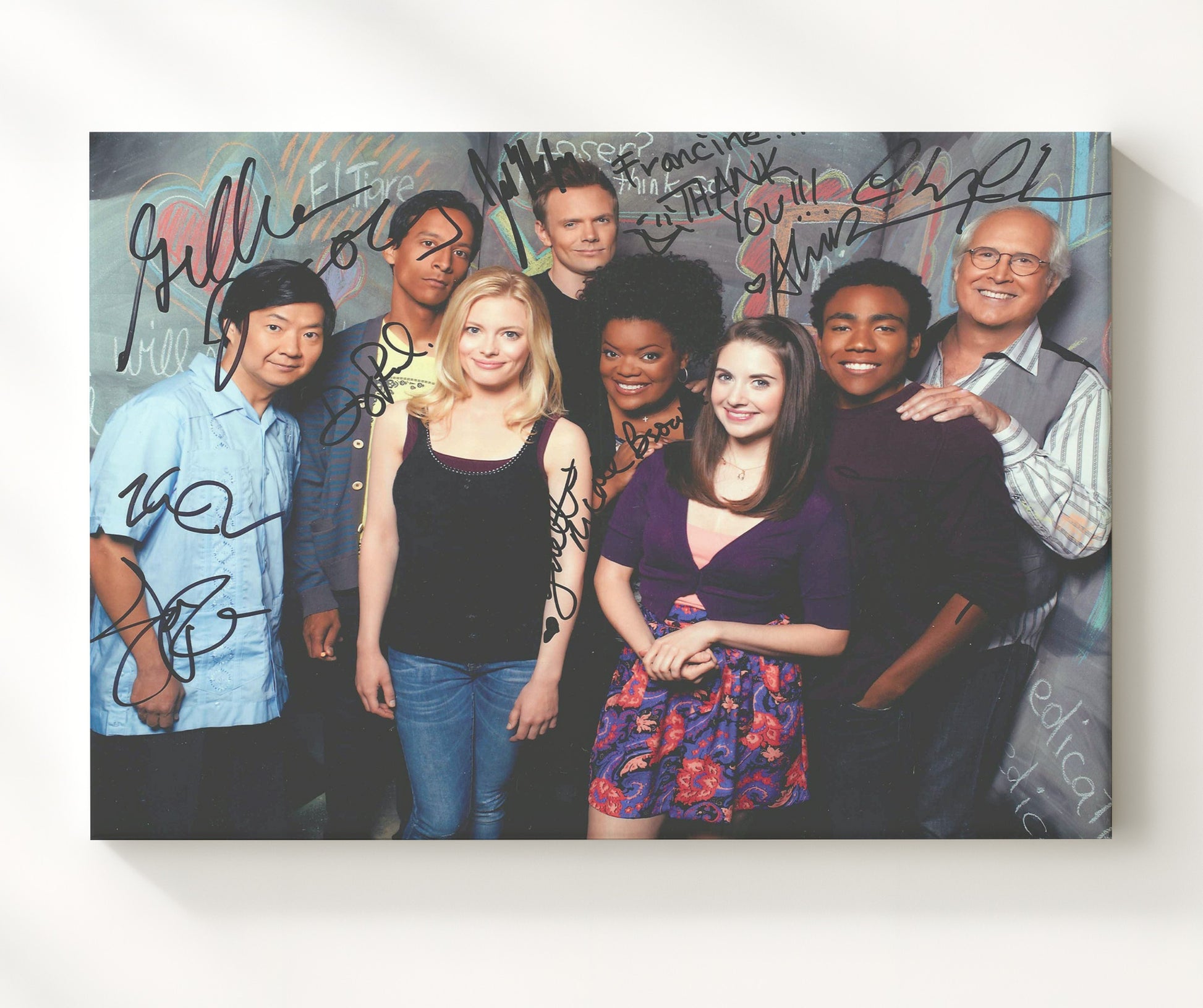 Community - Joel McHale (Jeff Winger) Ensemble Study Group Classroom Chalkboard Scene - Vintage Television Wall Art - 20x24 Canvas wall art print - television decor