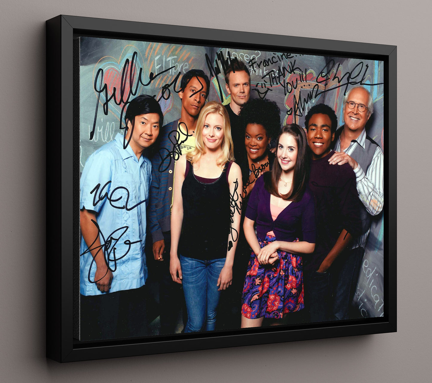 Community - Joel McHale (Jeff Winger) Ensemble Study Group Classroom Chalkboard Scene - Vintage Television Wall Art - 16x20 Framed Canvas wall art print - television decor