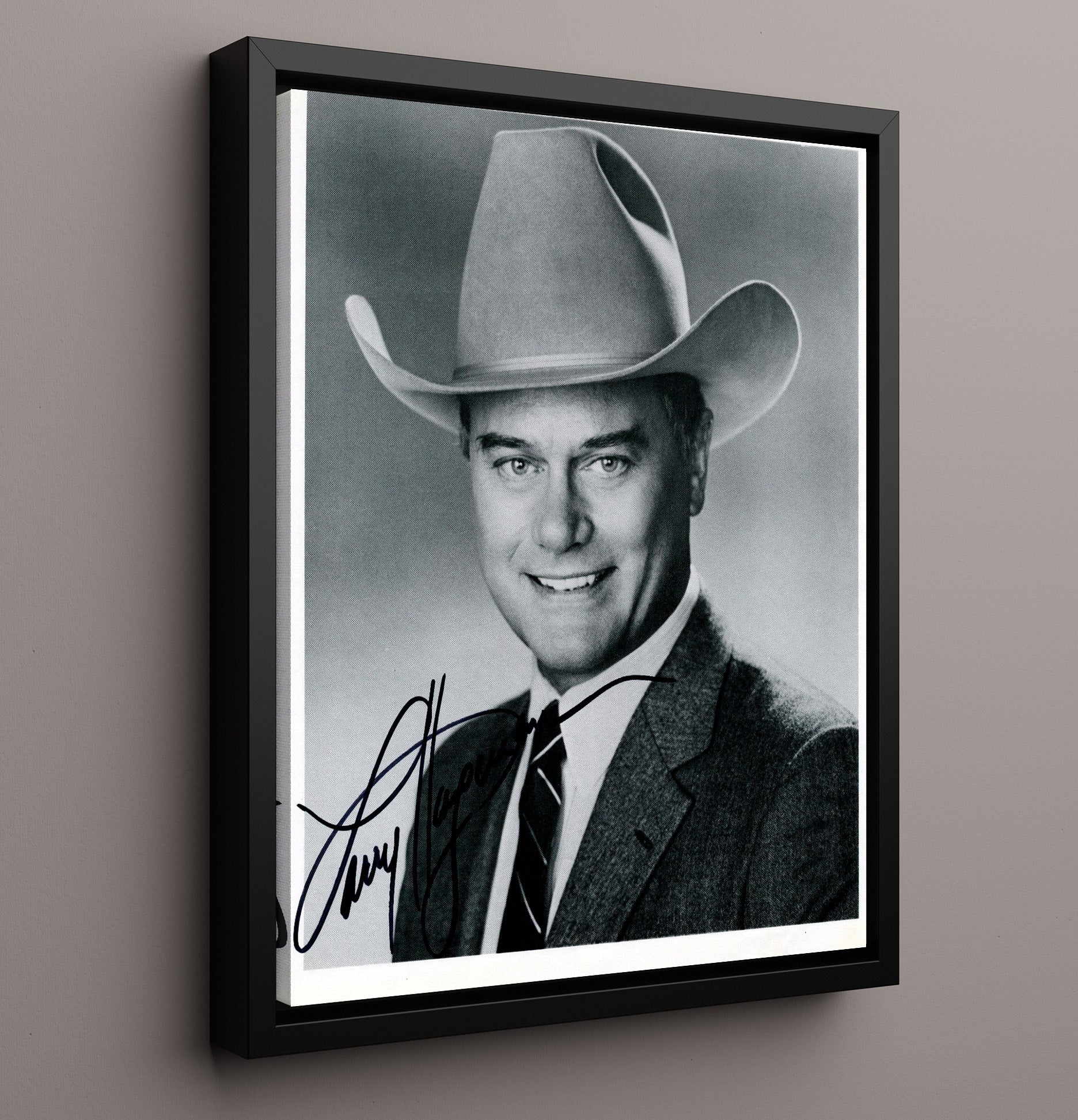 Dallas - Larry Hagman - J.R. Ewing Cowboy Hat Headshot - Vintage Television Wall Art - 16x20 Framed Canvas wall art print - television decor